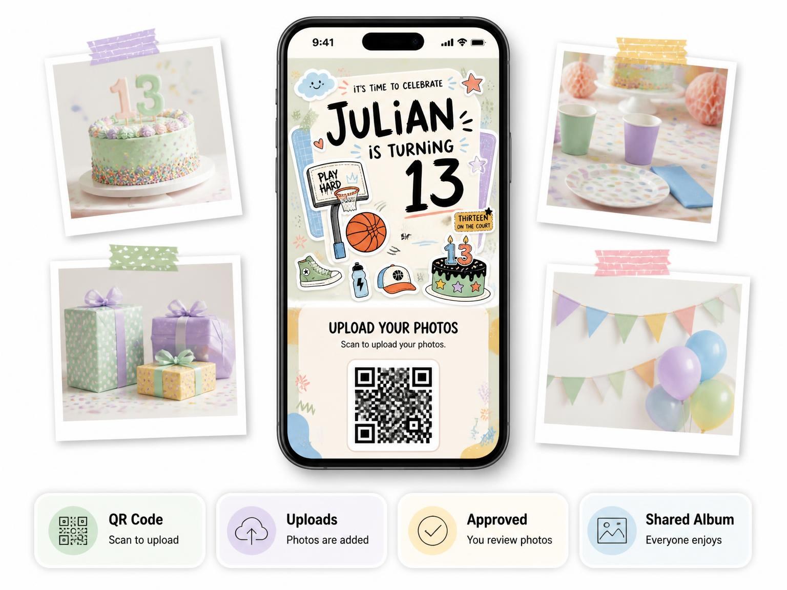 The shared photo gallery that comes with the Hoop Backboard Pastel 13th Birthday Invitation invitation