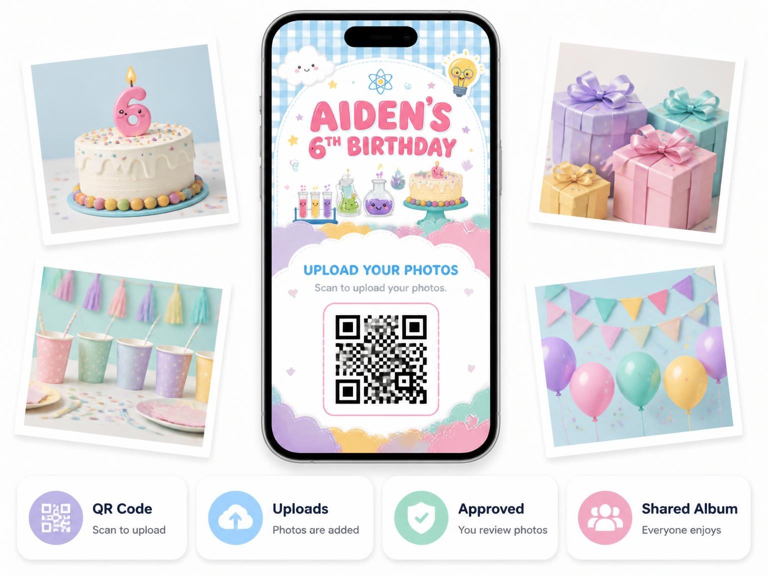 The shared photo gallery that comes with the Science Glassware 6th Birthday Invitation invitation