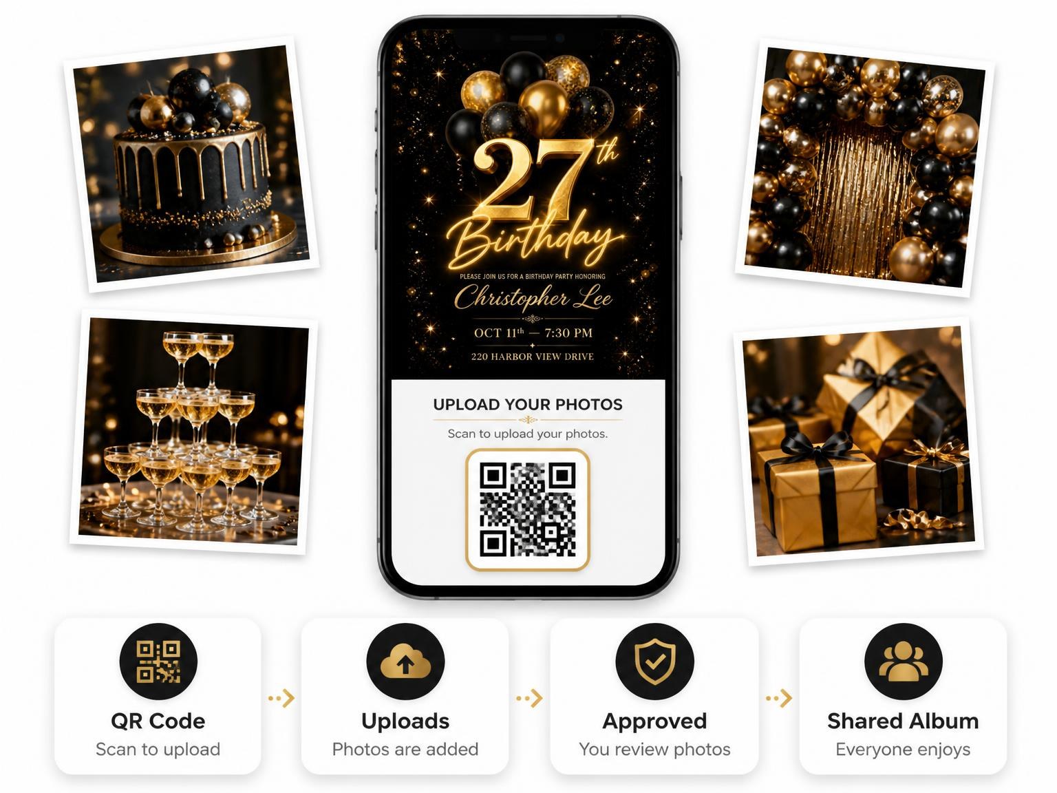 The shared photo gallery that comes with the Black and Gold Balloon 27th Birthday invitation