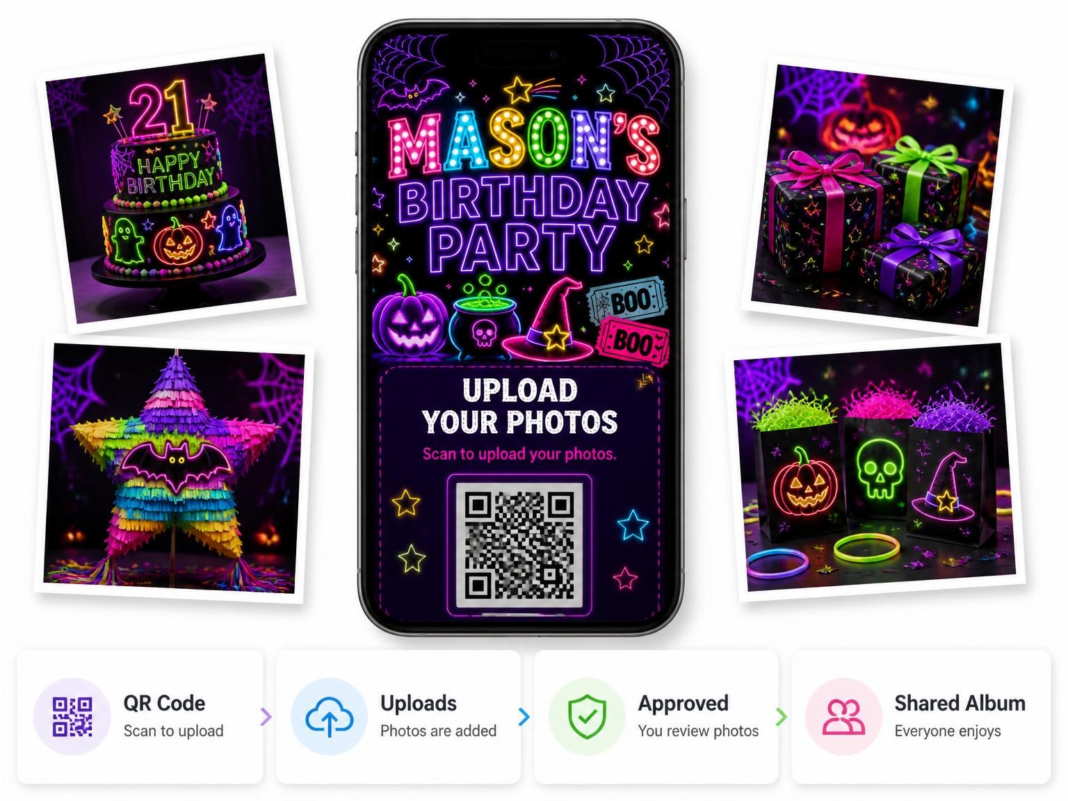 The shared photo gallery that comes with the Neon Halloween Glow 21st Birthday Invitation invitation