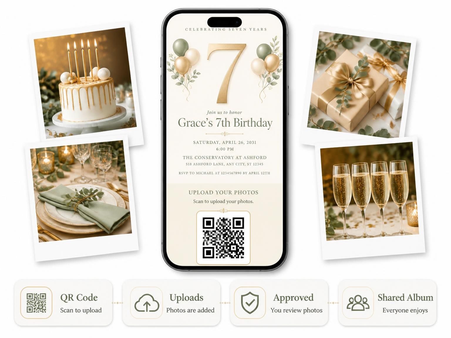The shared photo gallery that comes with the Sage and Ivory 7th Birthday Invitation invitation