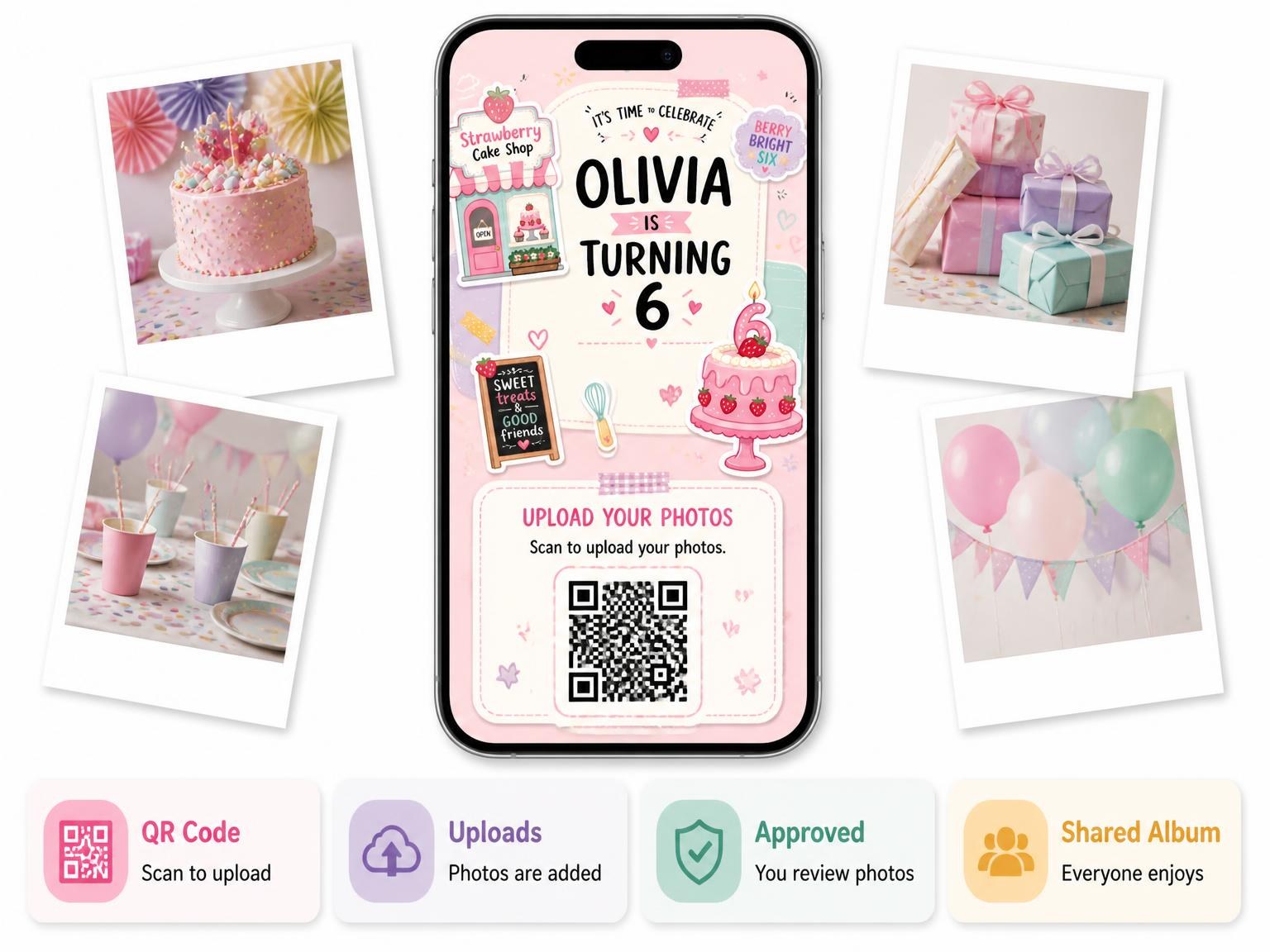 The shared photo gallery that comes with the Pastel Strawberry Bakery 6th Birthday Invitation invitation