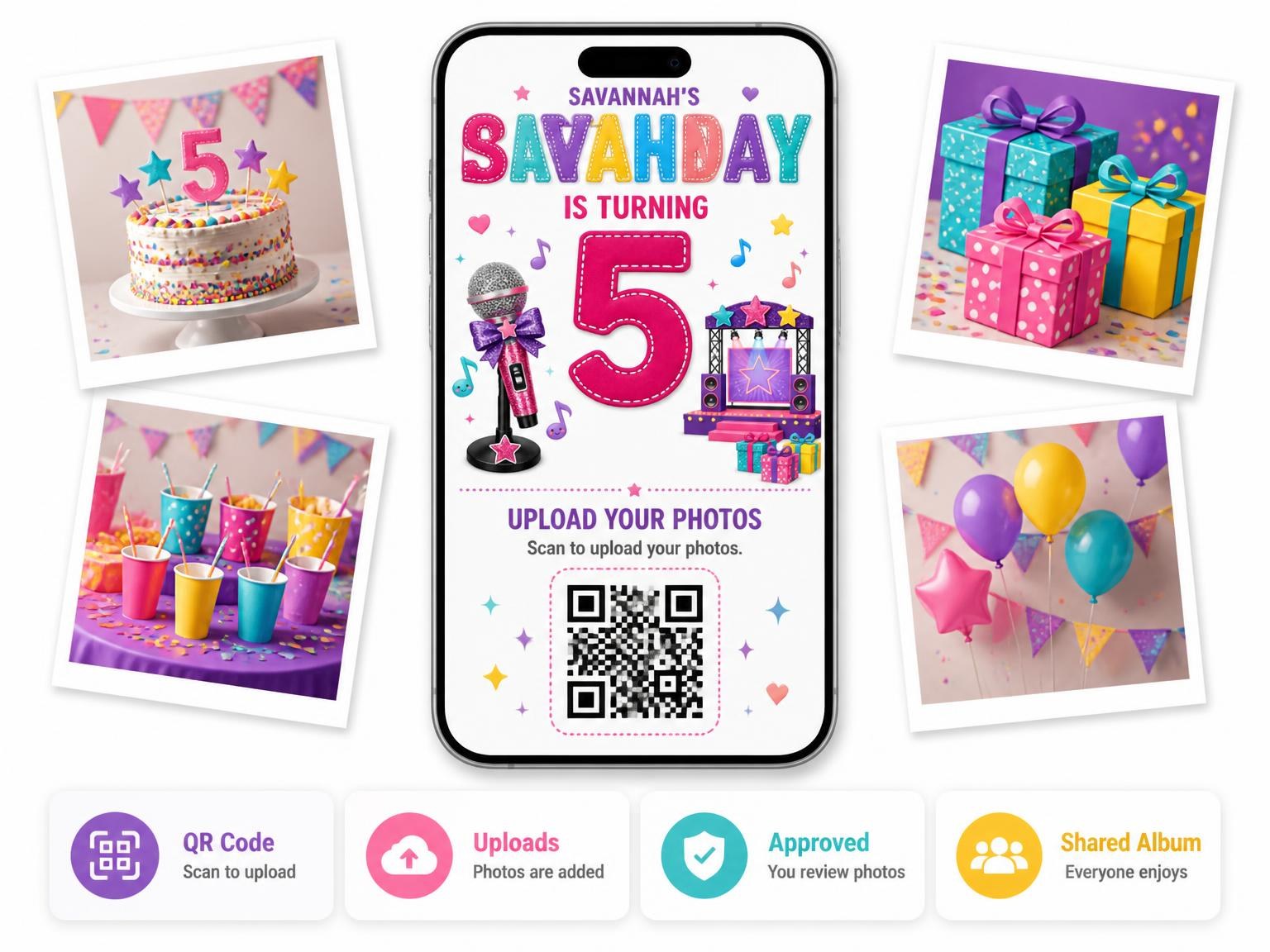 The shared photo gallery that comes with the Stage Presents Stitched 5th Birthday Invitation invitation