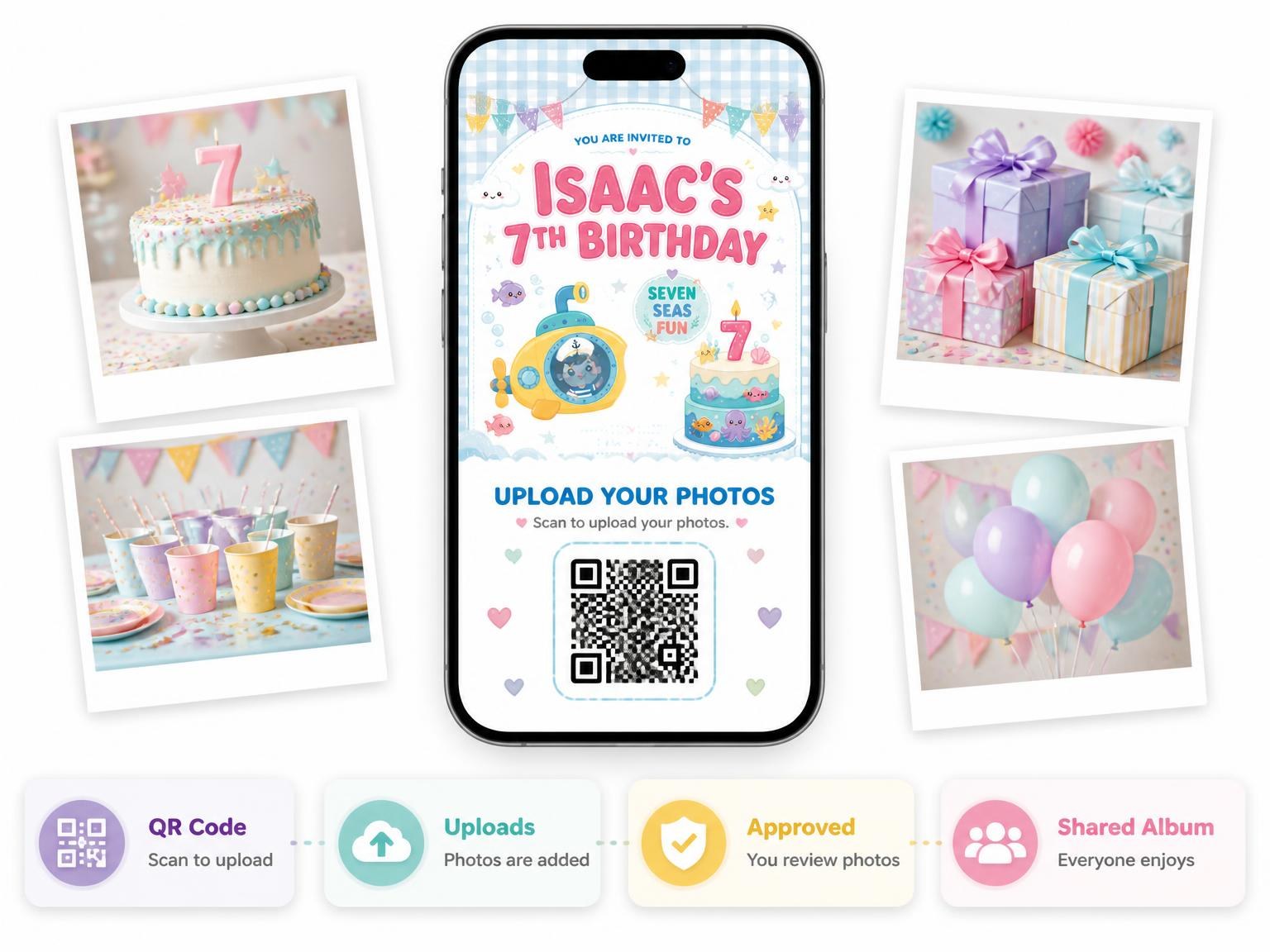 The shared photo gallery that comes with the Kawaii Submarine Sailor 7th Birthday Invitation invitation