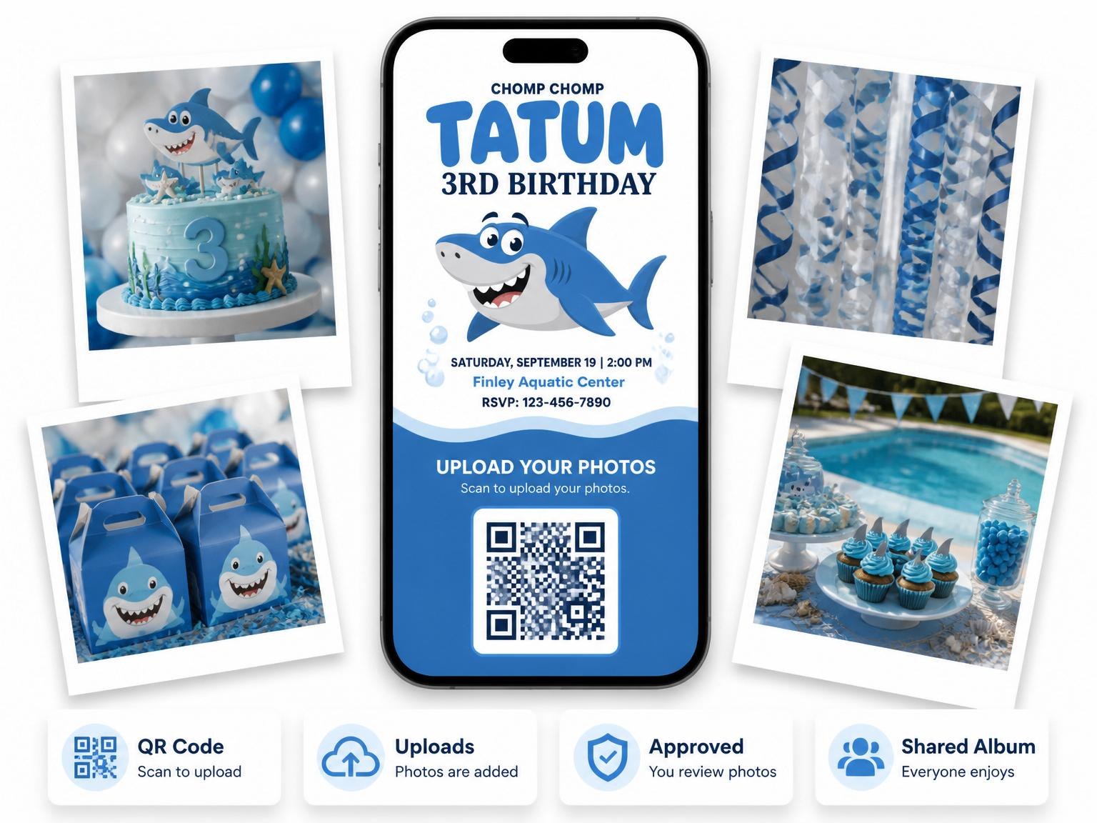 The shared photo gallery that comes with the Blue Shark Cartoon 3rd Birthday invitation