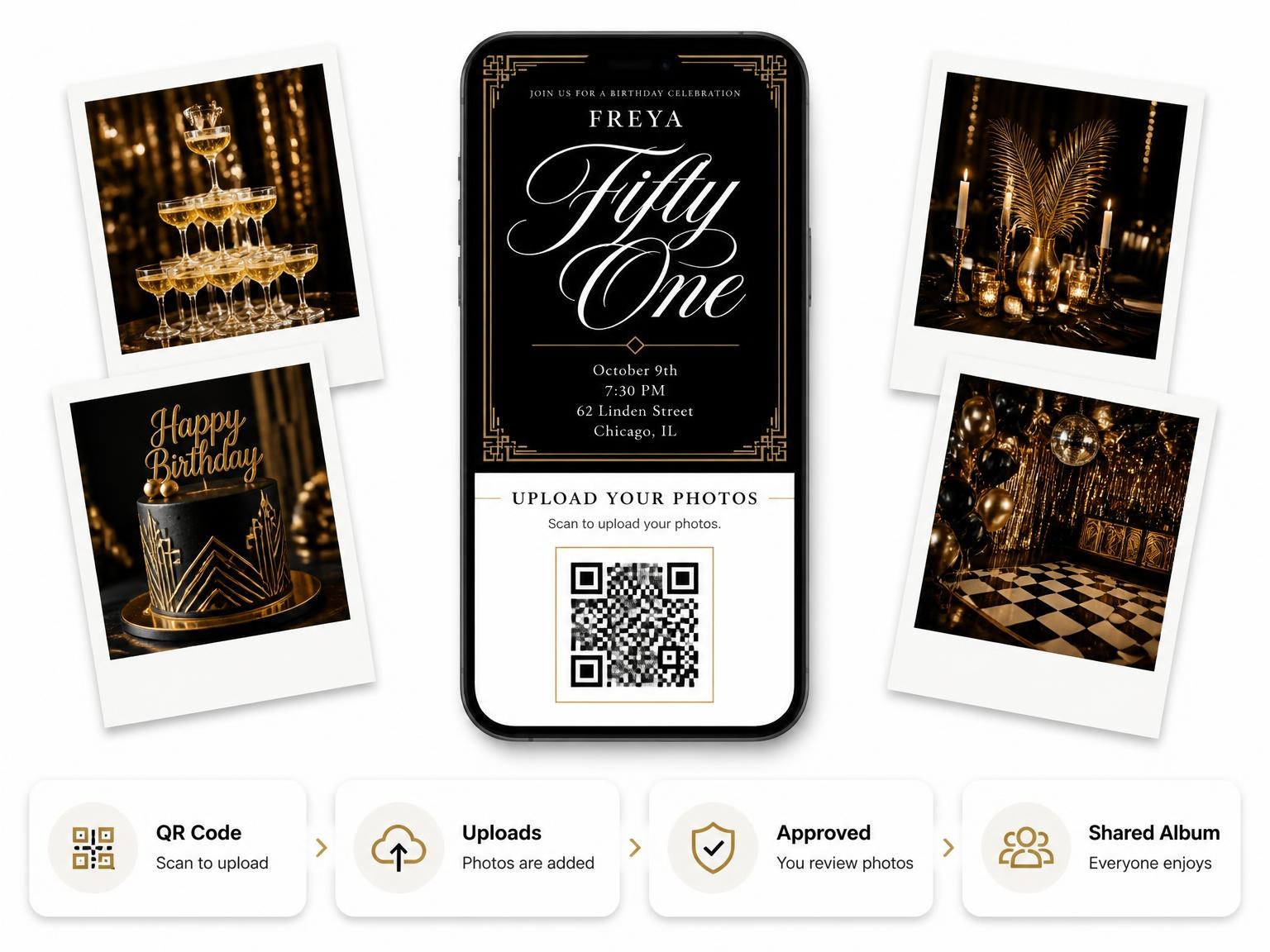 The shared photo gallery that comes with the Art Deco 51st Birthday Invitation invitation