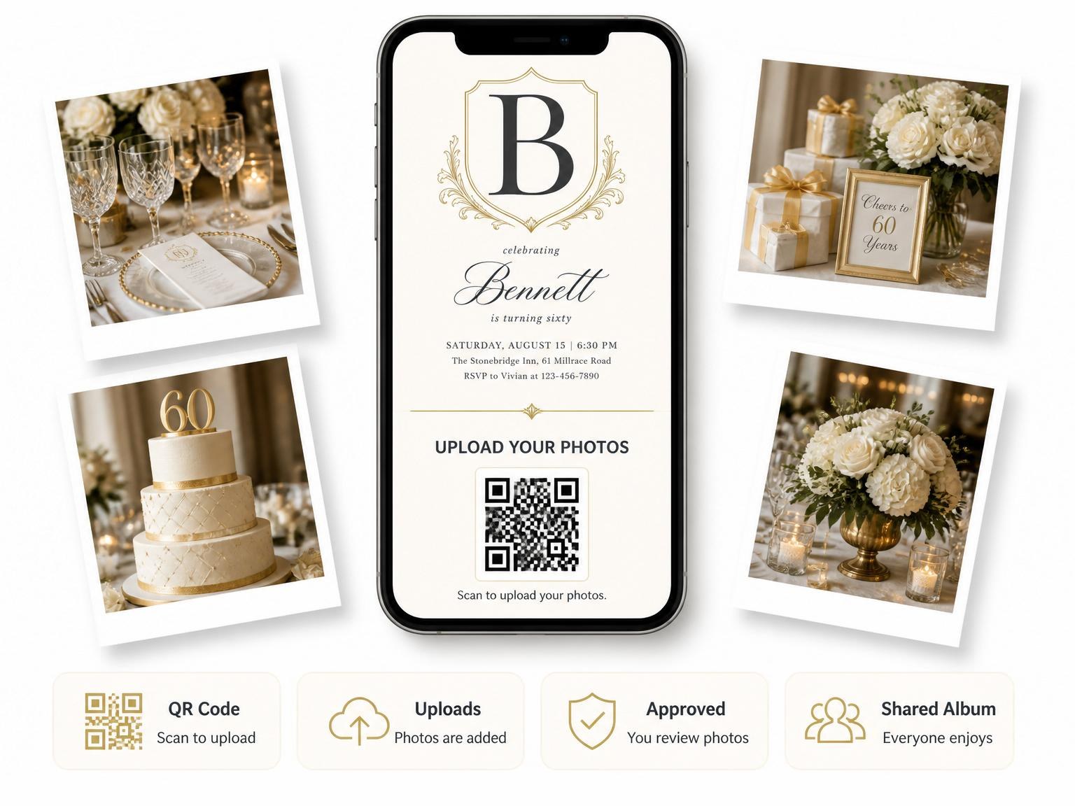 The shared photo gallery that comes with the Gold Crest Serif 60th Birthday invitation