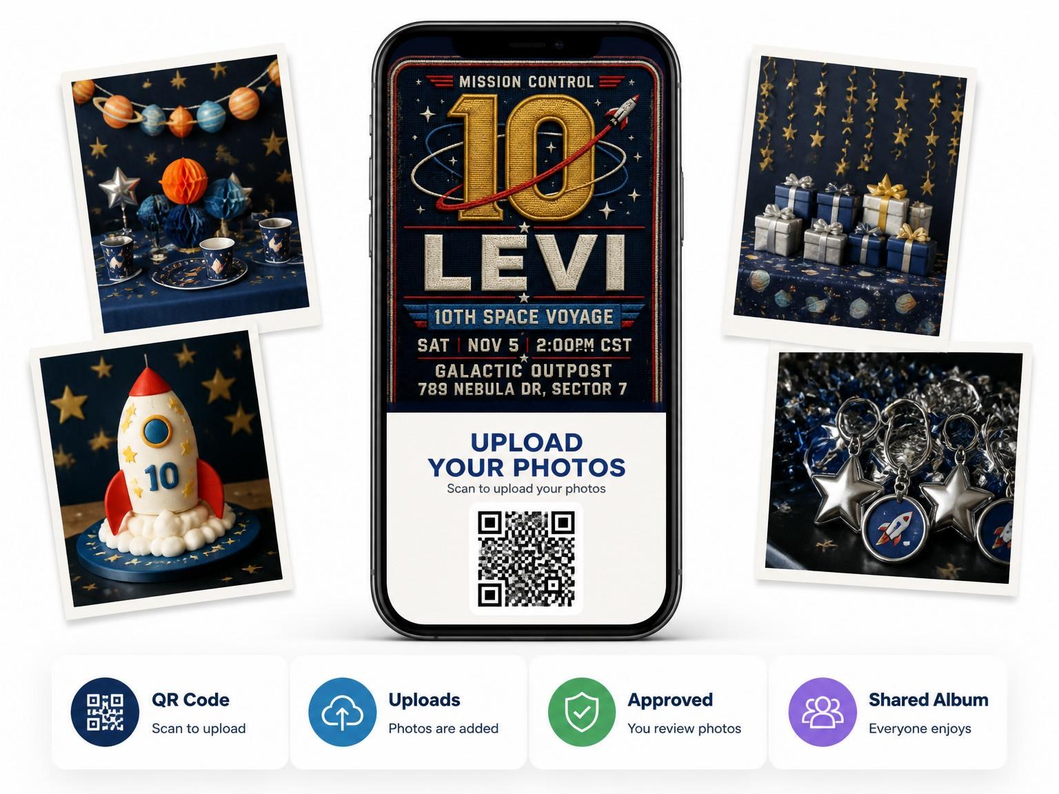 The shared photo gallery that comes with the Navy Embroidered Space Patch 10th Birthday invitation