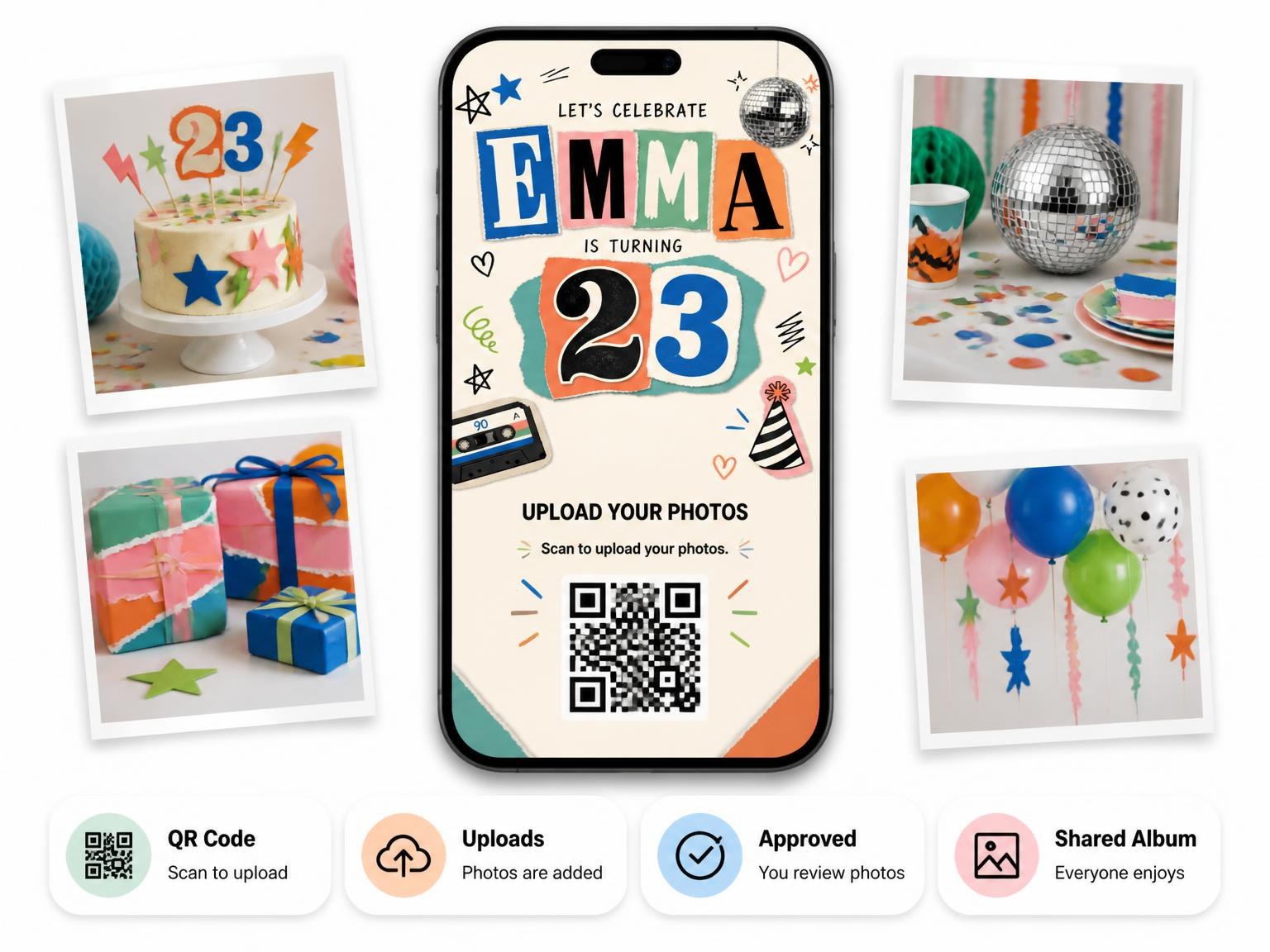 The shared photo gallery that comes with the Retro Paper Collage 23rd Birthday Invitation invitation