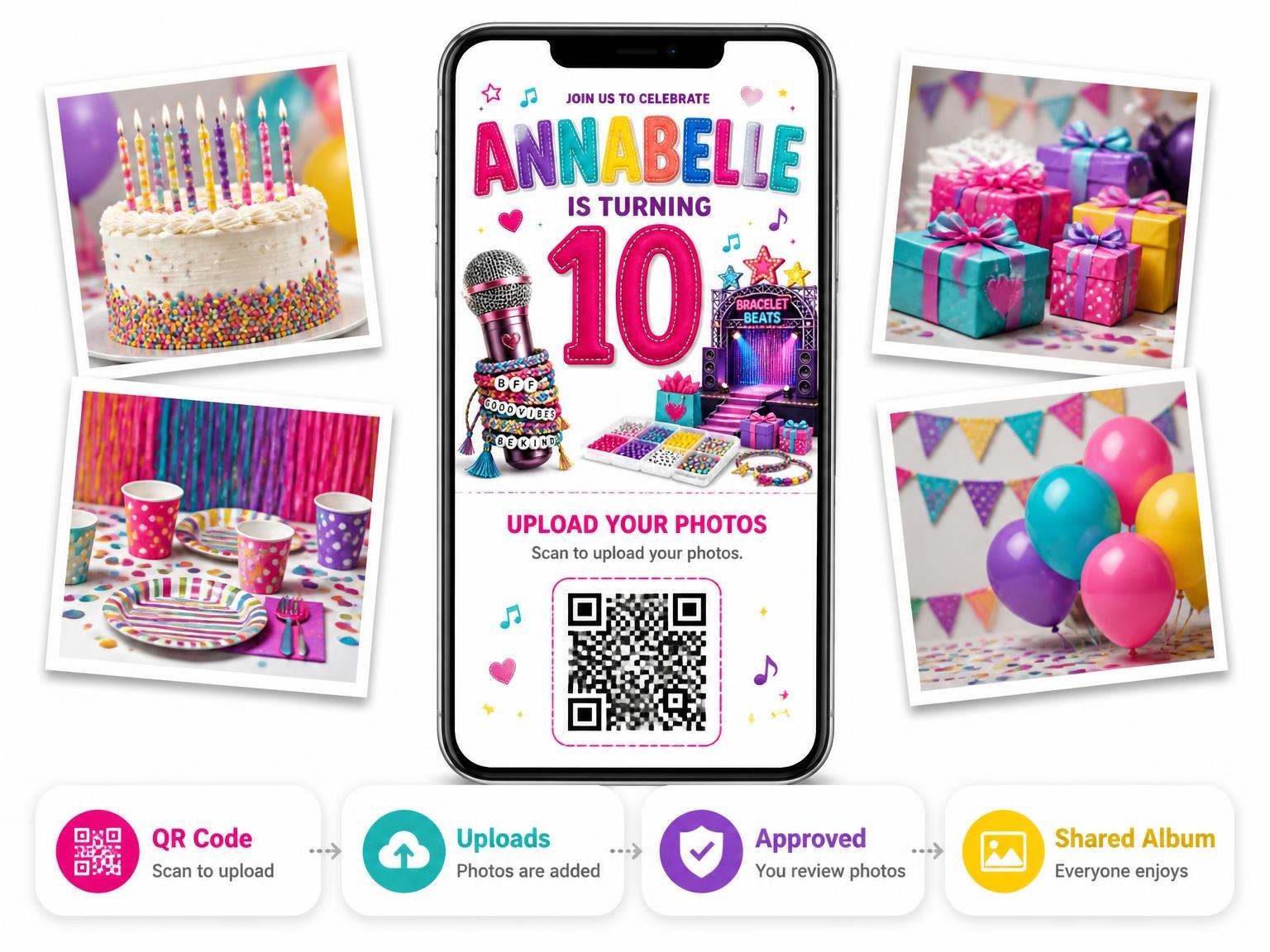 The shared photo gallery that comes with the Concert Stage Stitched 10th Birthday Invitation invitation