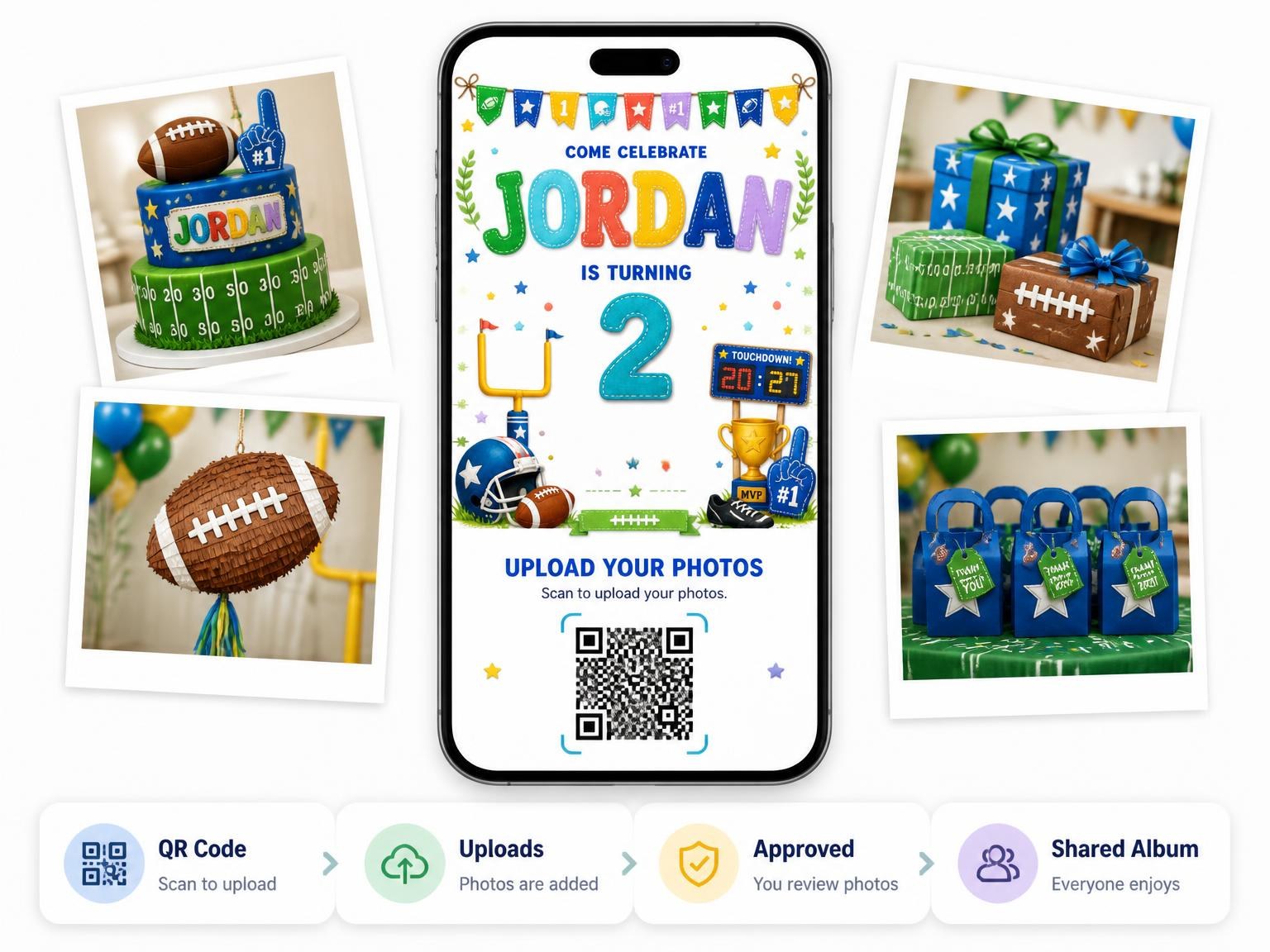 The shared photo gallery that comes with the Stitched Football 2nd Birthday Invitation invitation