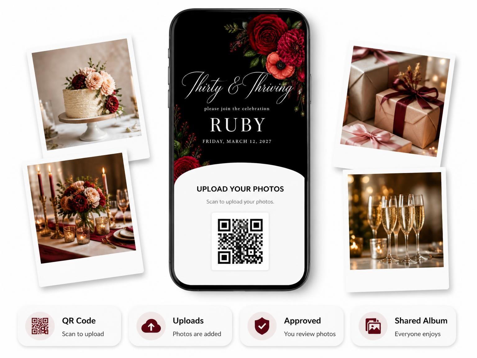 The shared photo gallery that comes with the Black Floral 30th Birthday Invitation invitation