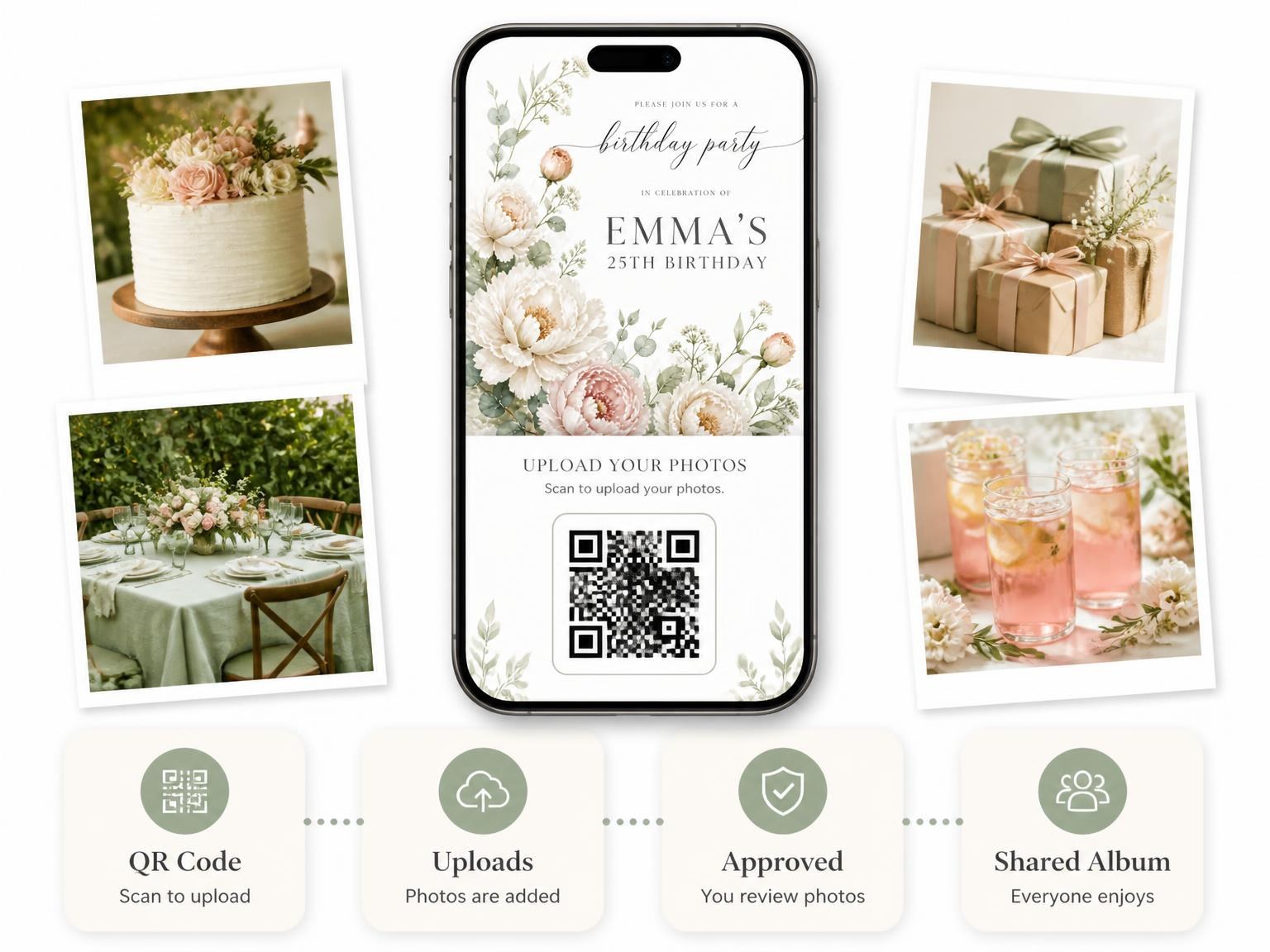 The shared photo gallery that comes with the Garland Bouquet Ivory 25th Birthday Invitation invitation
