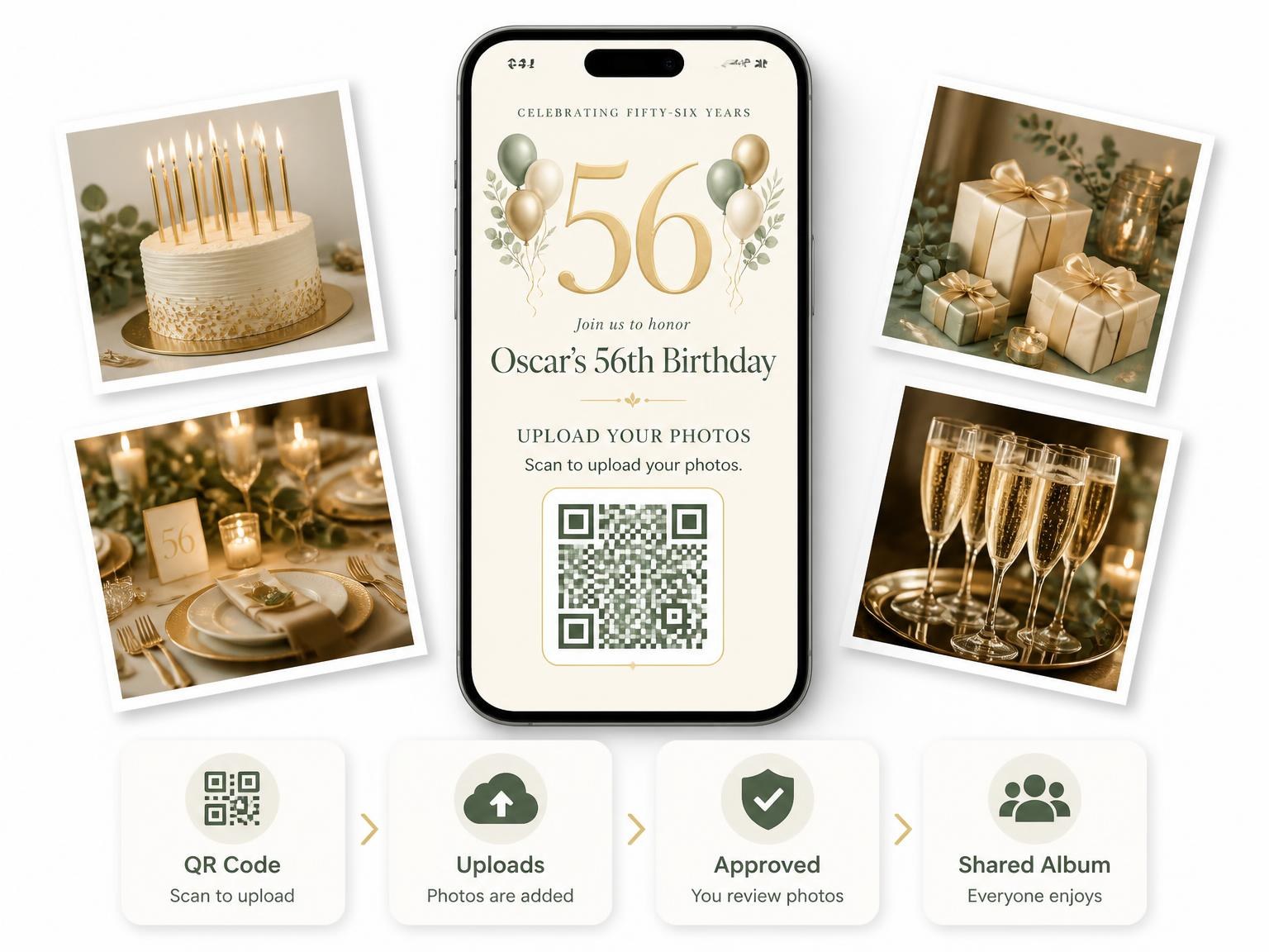 The shared photo gallery that comes with the Sage and Ivory 56th Birthday Invitation invitation