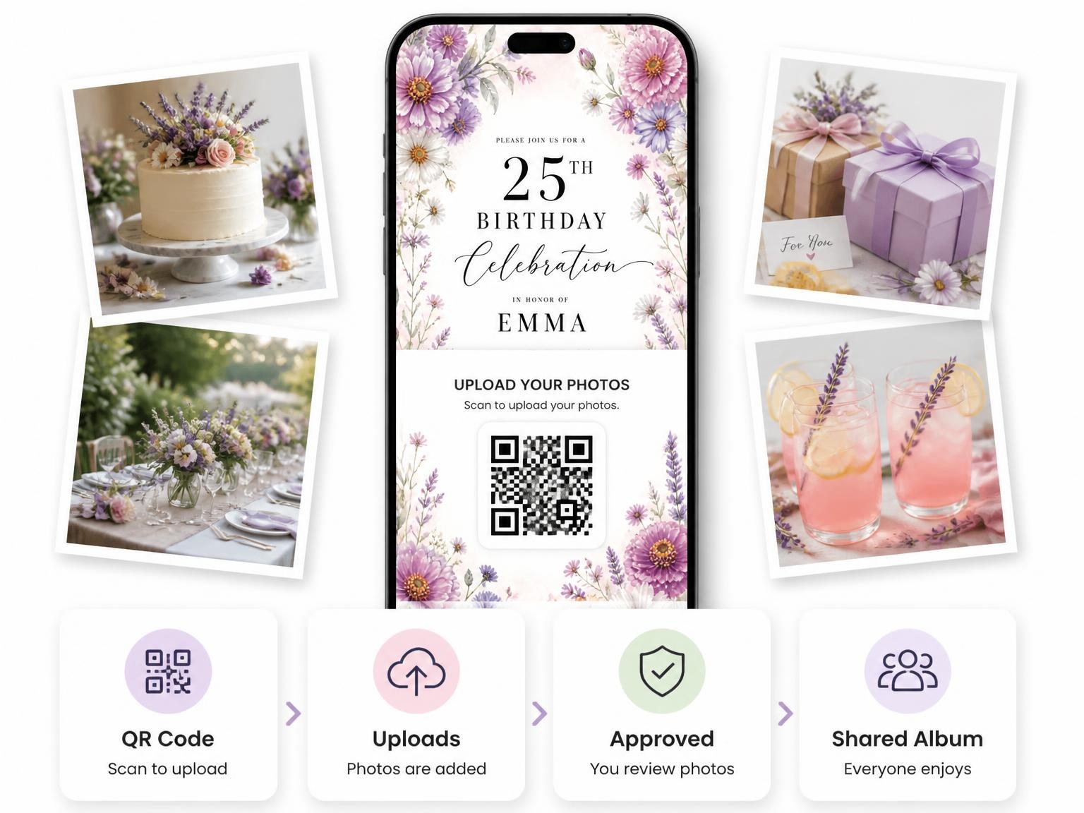 The shared photo gallery that comes with the Floral Lavender 25th Birthday Invitation invitation