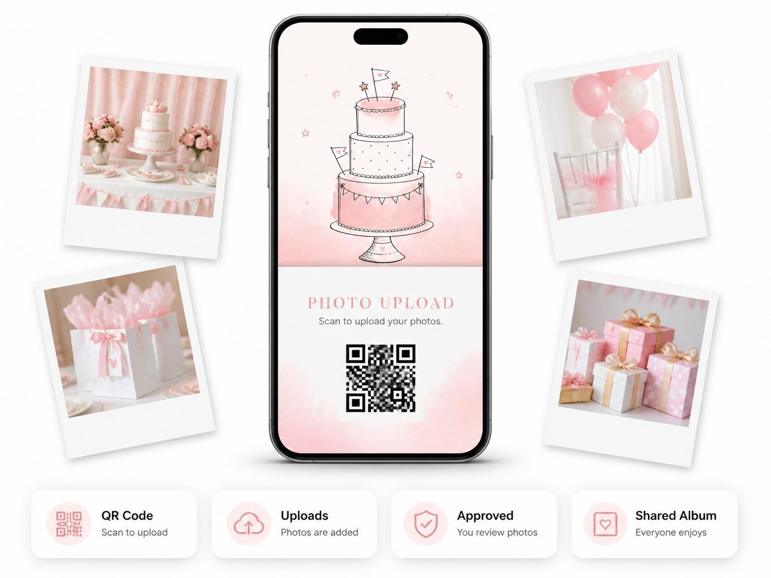 The shared photo gallery that comes with the Pink Watercolor Cake 1st Birthday Invitation invitation