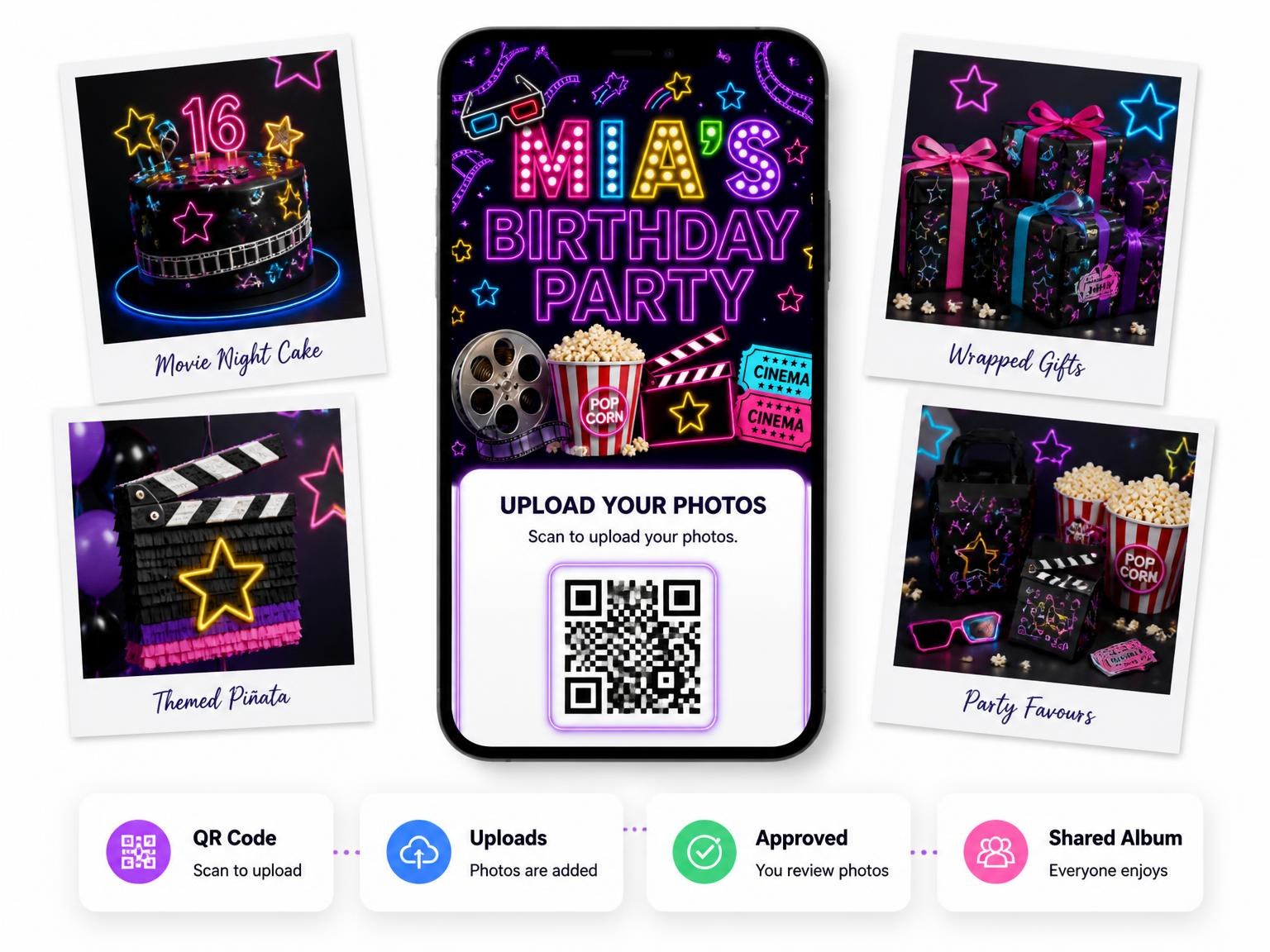 The shared photo gallery that comes with the Neon Movie Night 16th Birthday Invitation invitation