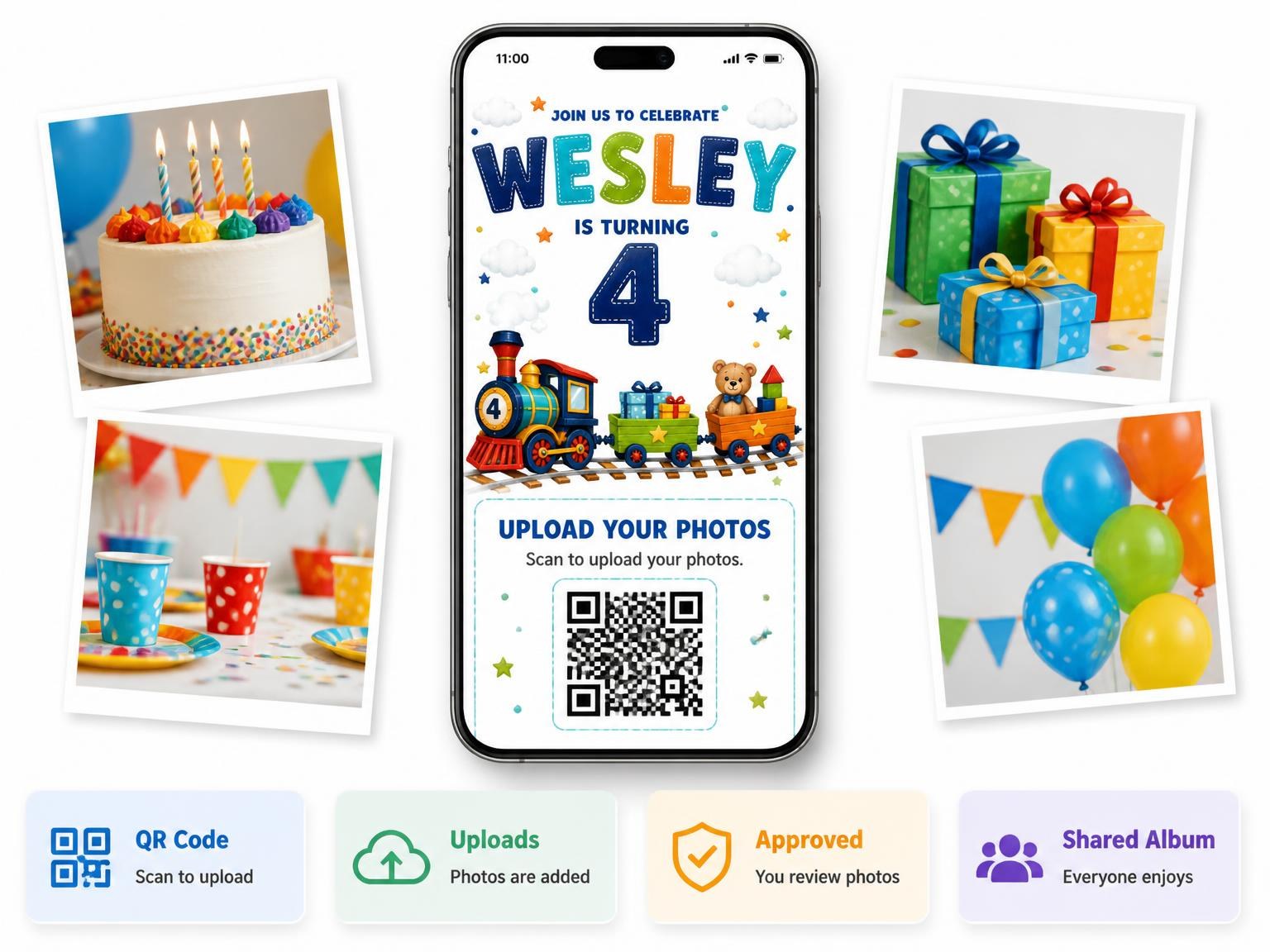 The shared photo gallery that comes with the Train Wagons Stitched 4th Birthday Invitation invitation