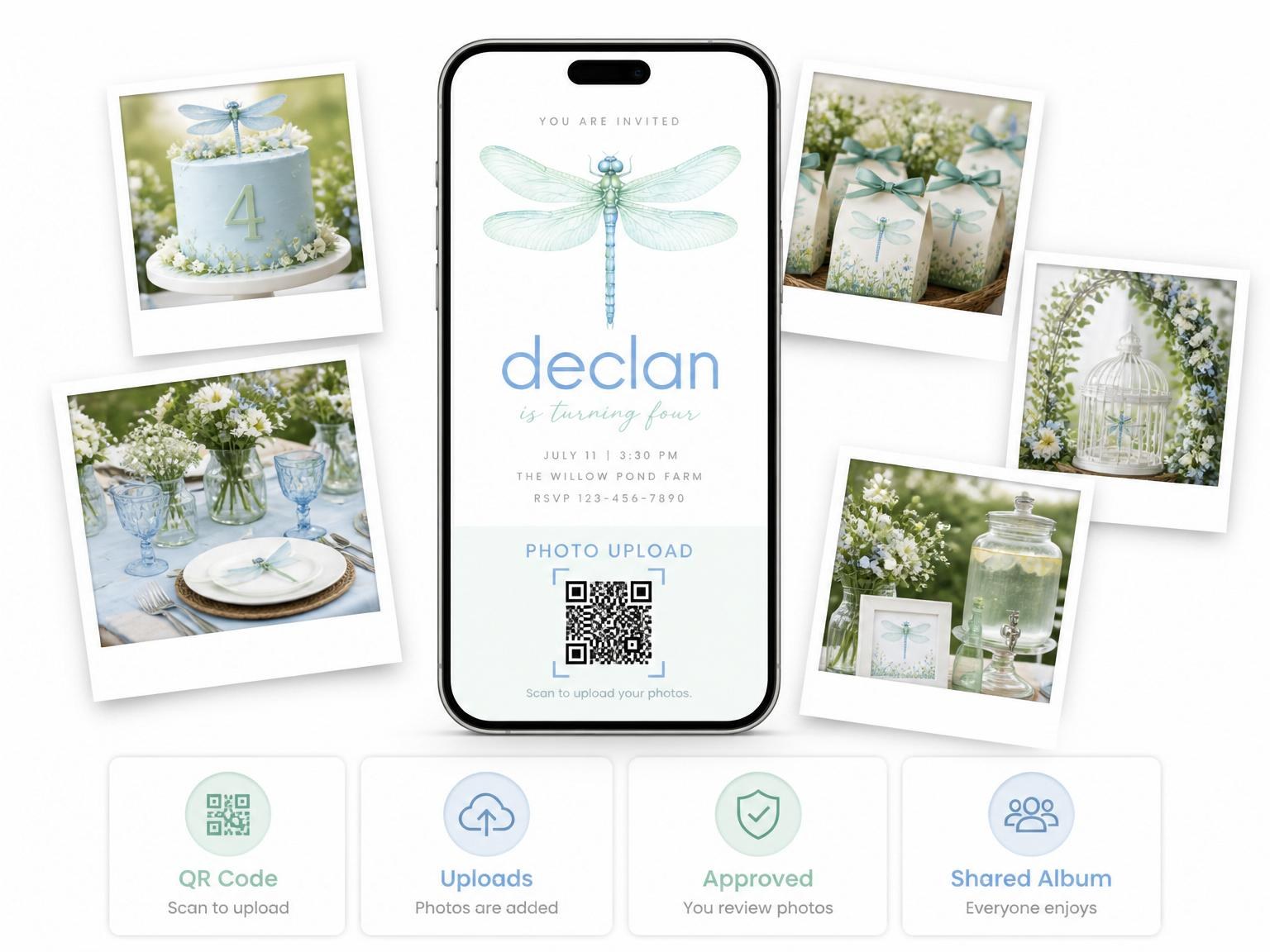 The shared photo gallery that comes with the Watercolor Blue Dragonfly 4th Birthday Invitation invitation