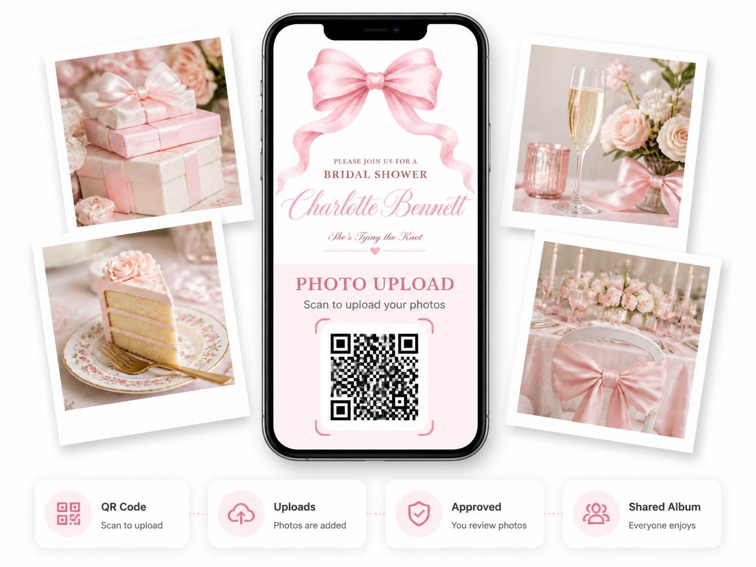 The shared photo gallery that comes with the Pink Watercolor Bow Bridal Shower invitation