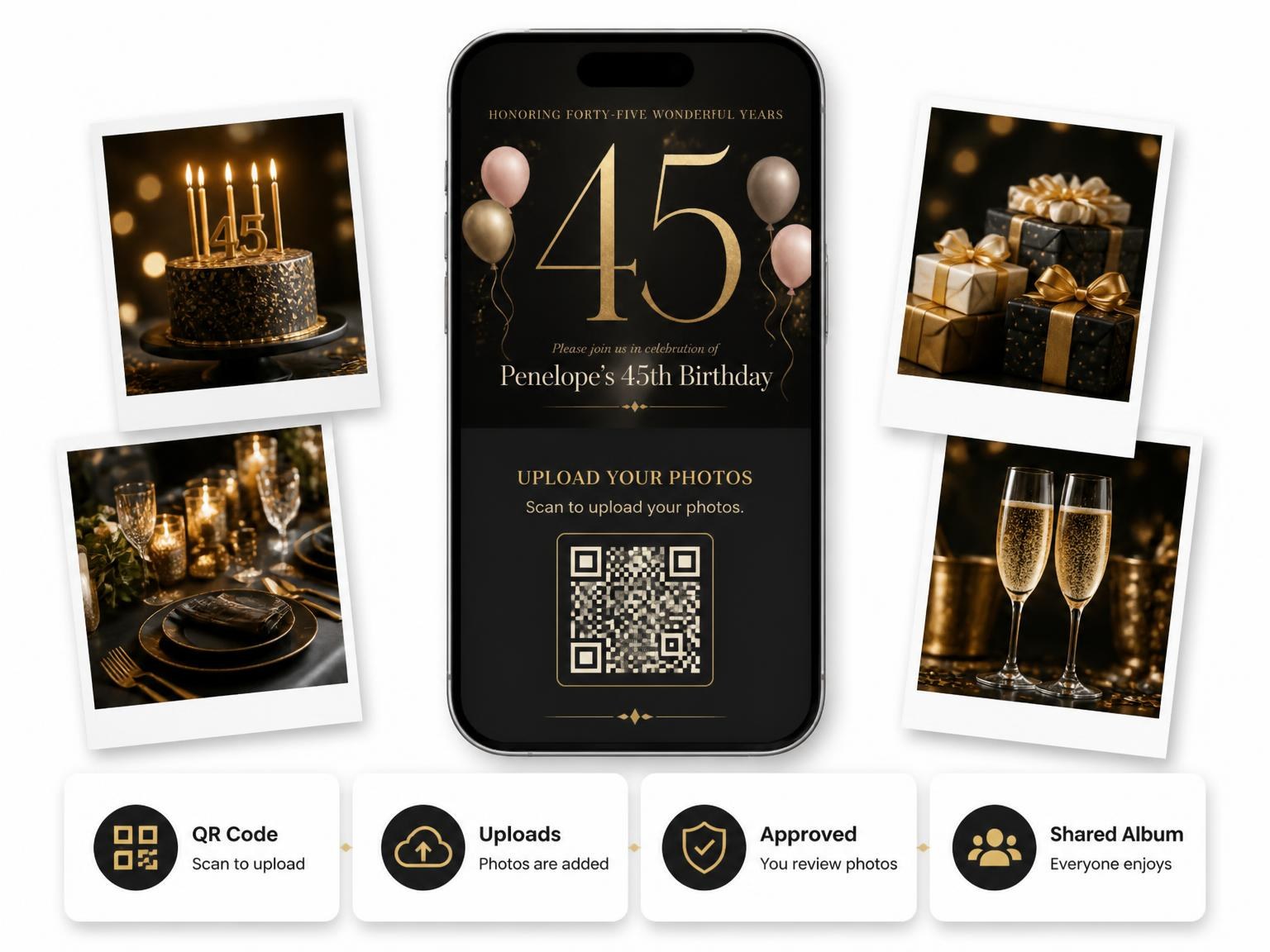 The shared photo gallery that comes with the Charcoal and Blush 45th Birthday Invitation invitation
