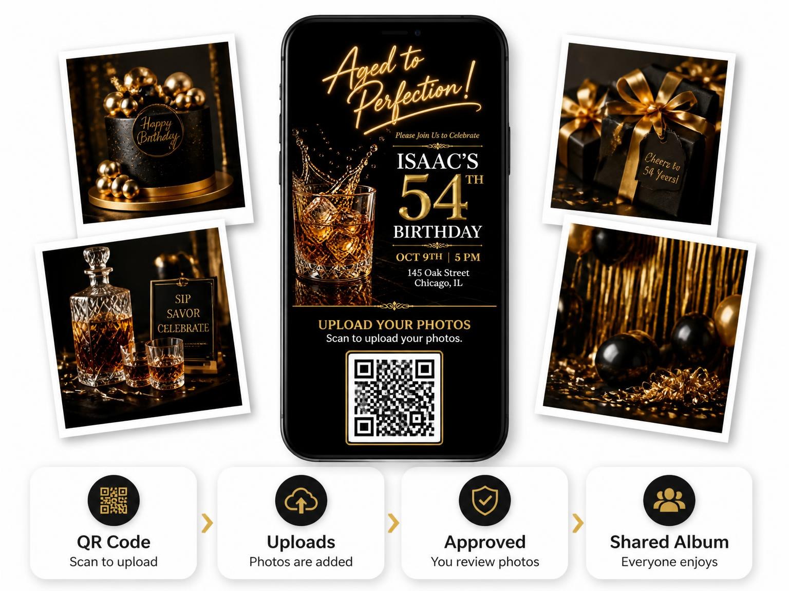 The shared photo gallery that comes with the Aged to Perfection 54th Birthday Invitation invitation