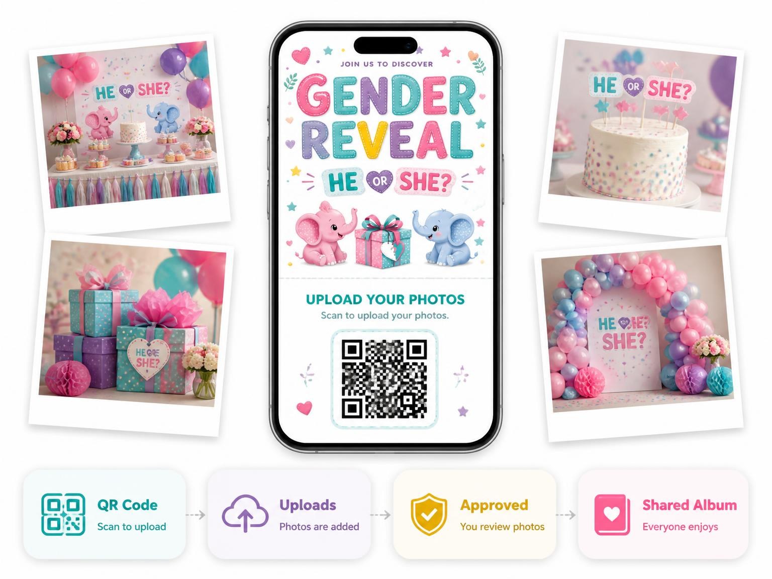 The shared photo gallery that comes with the Baby Elephant Gender Reveal Invitation invitation
