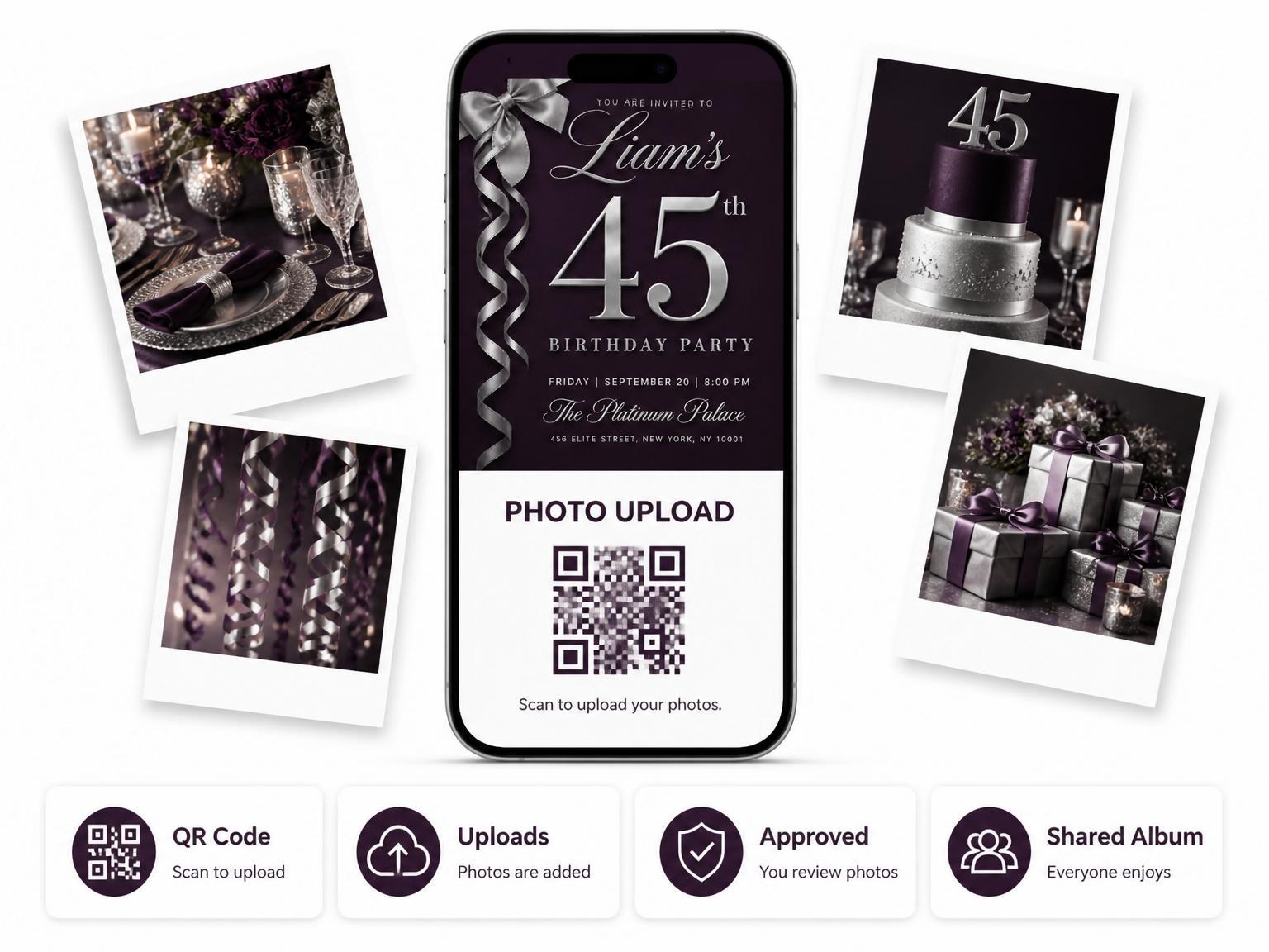 The shared photo gallery that comes with the Royal Purple Silver Ribbon 45th Birthday invitation