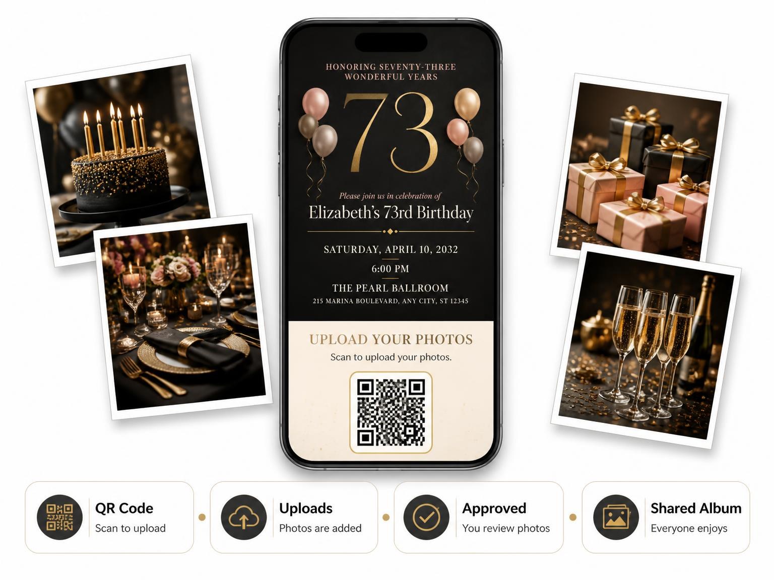 The shared photo gallery that comes with the Charcoal and Blush 73rd Birthday Invitation invitation