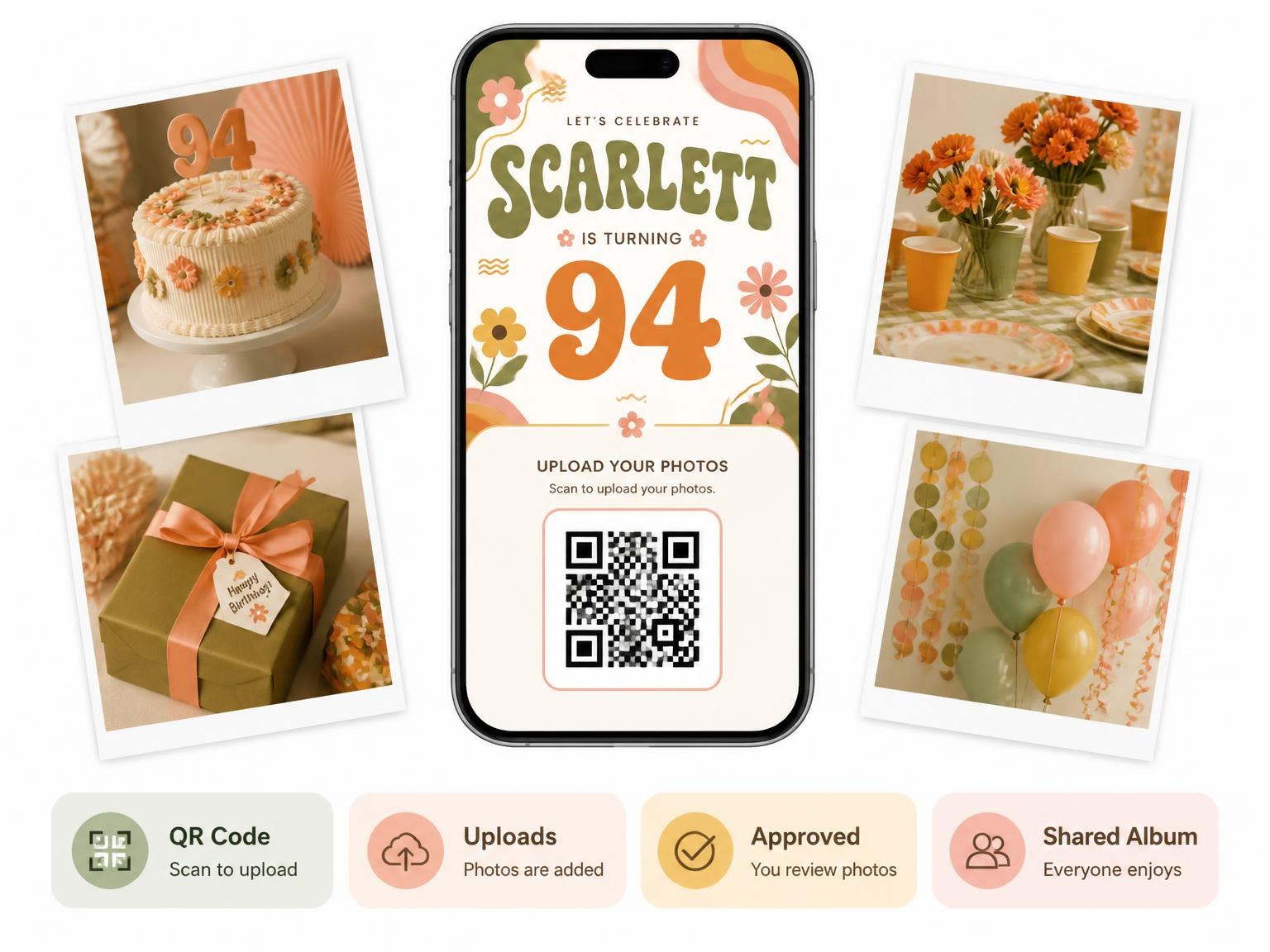 The shared photo gallery that comes with the Groovy Retro 94th Birthday Invitation invitation