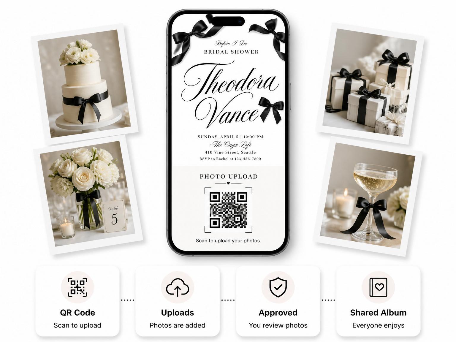 The shared photo gallery that comes with the Black Satin Ribbon Bridal Shower invitation