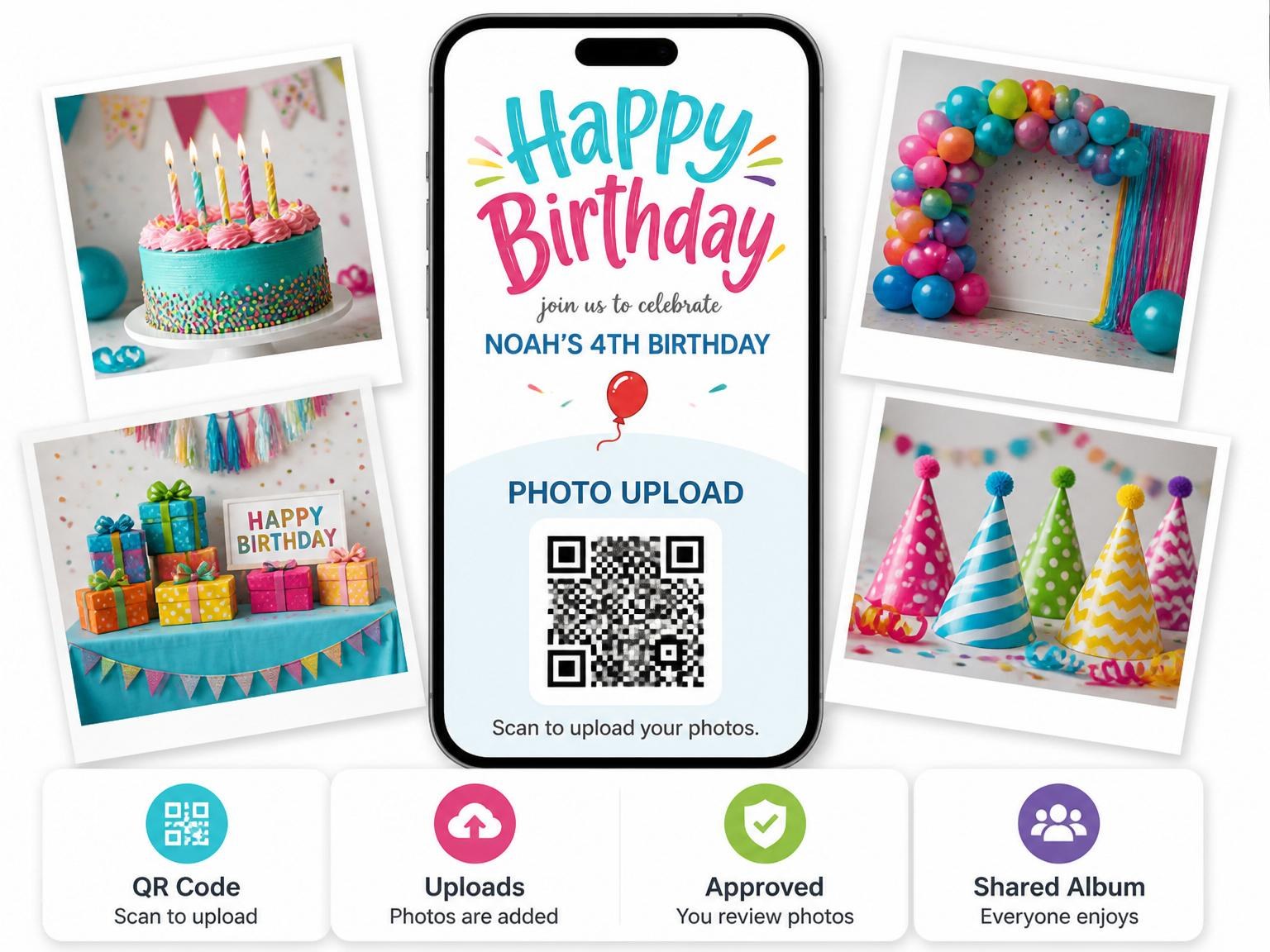 The shared photo gallery that comes with the Primary Color Balloon 4th Birthday Invitation invitation