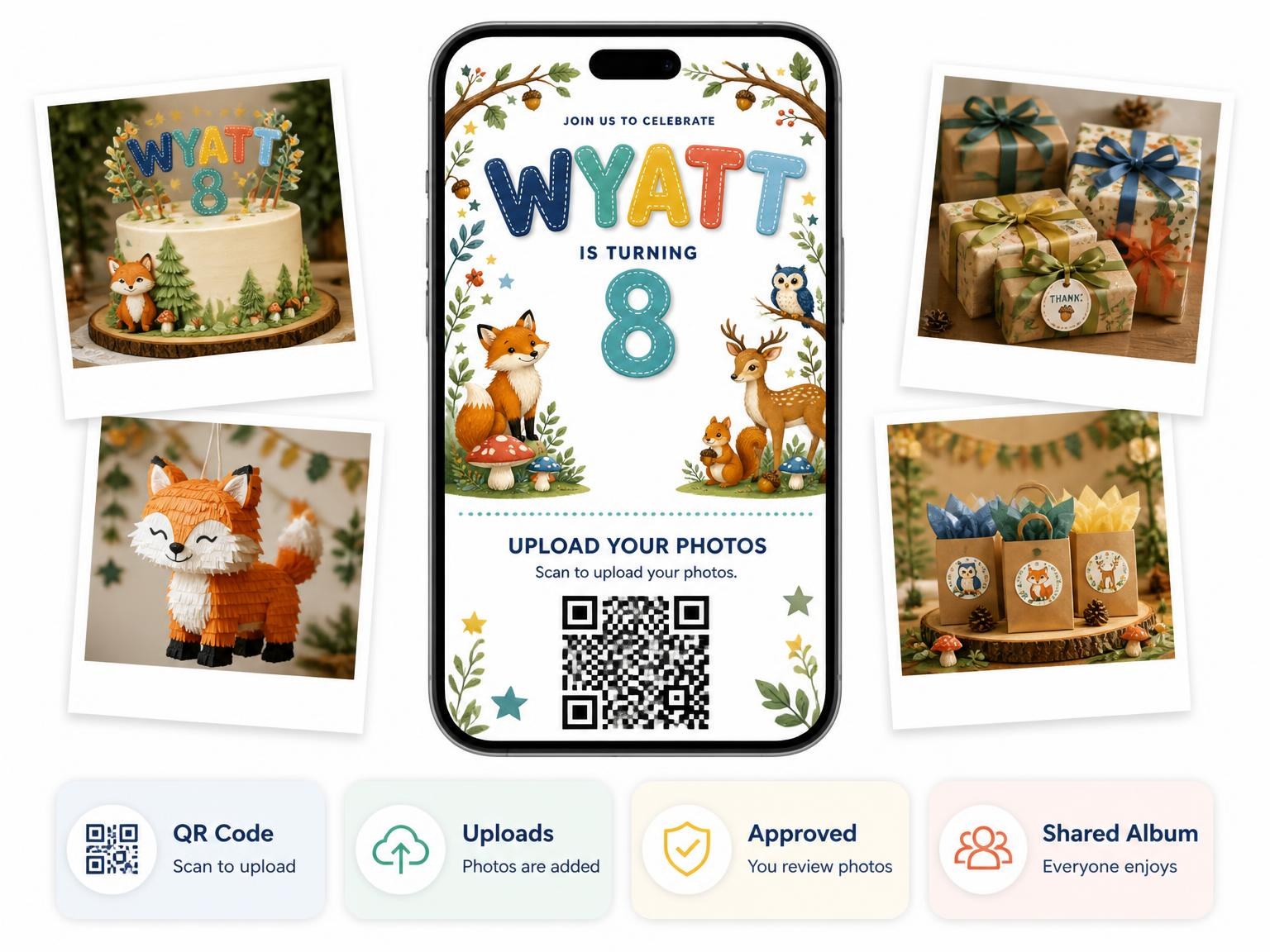 The shared photo gallery that comes with the Stitched Woodland 8th Birthday Invitation invitation