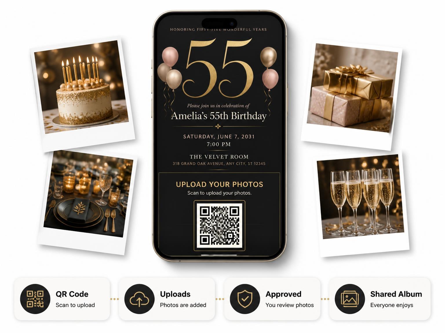 The shared photo gallery that comes with the Charcoal and Blush 55th Birthday Invitation invitation