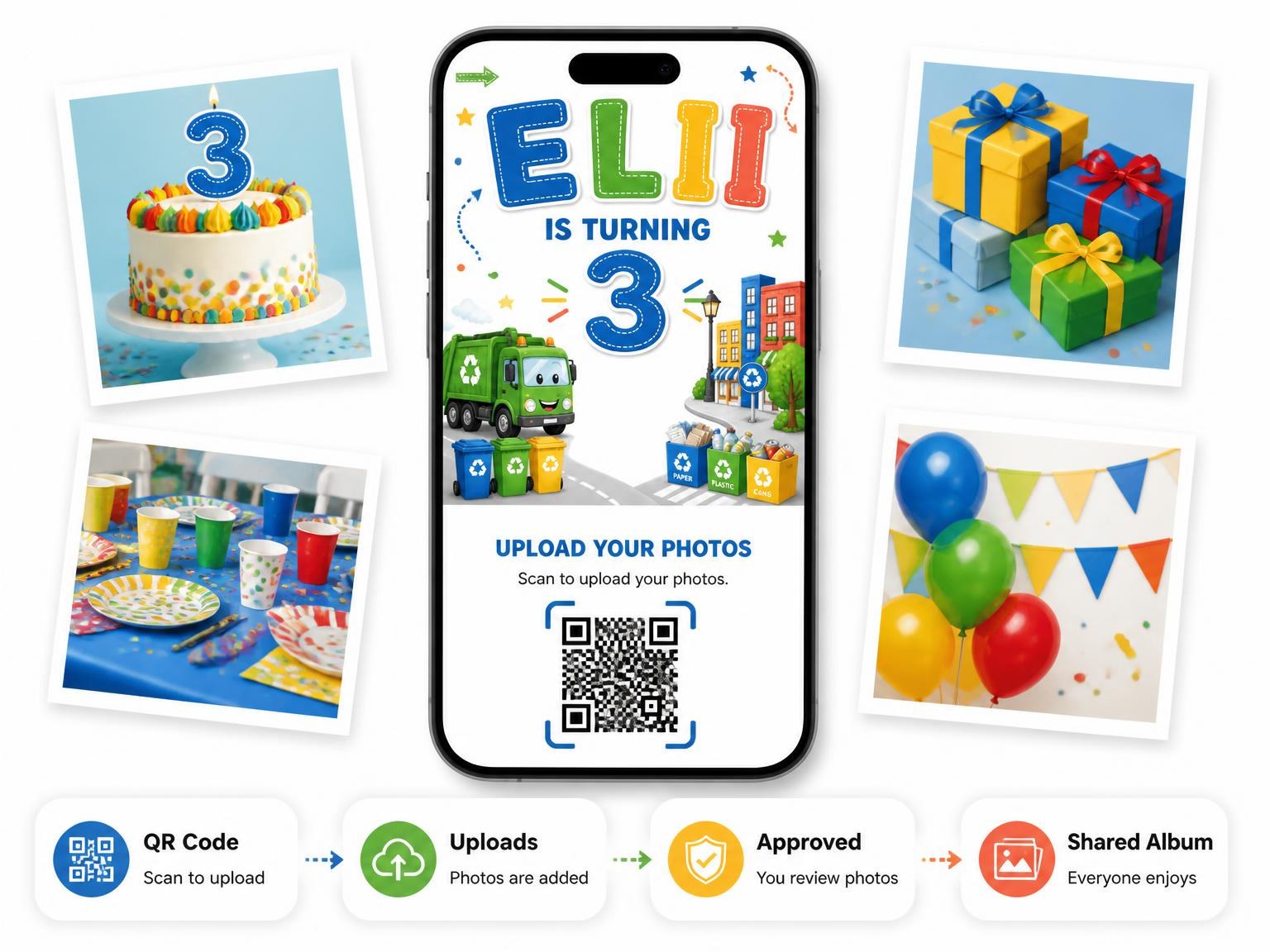 The shared photo gallery that comes with the Recycling Bins Stitched 3rd Birthday Invitation invitation