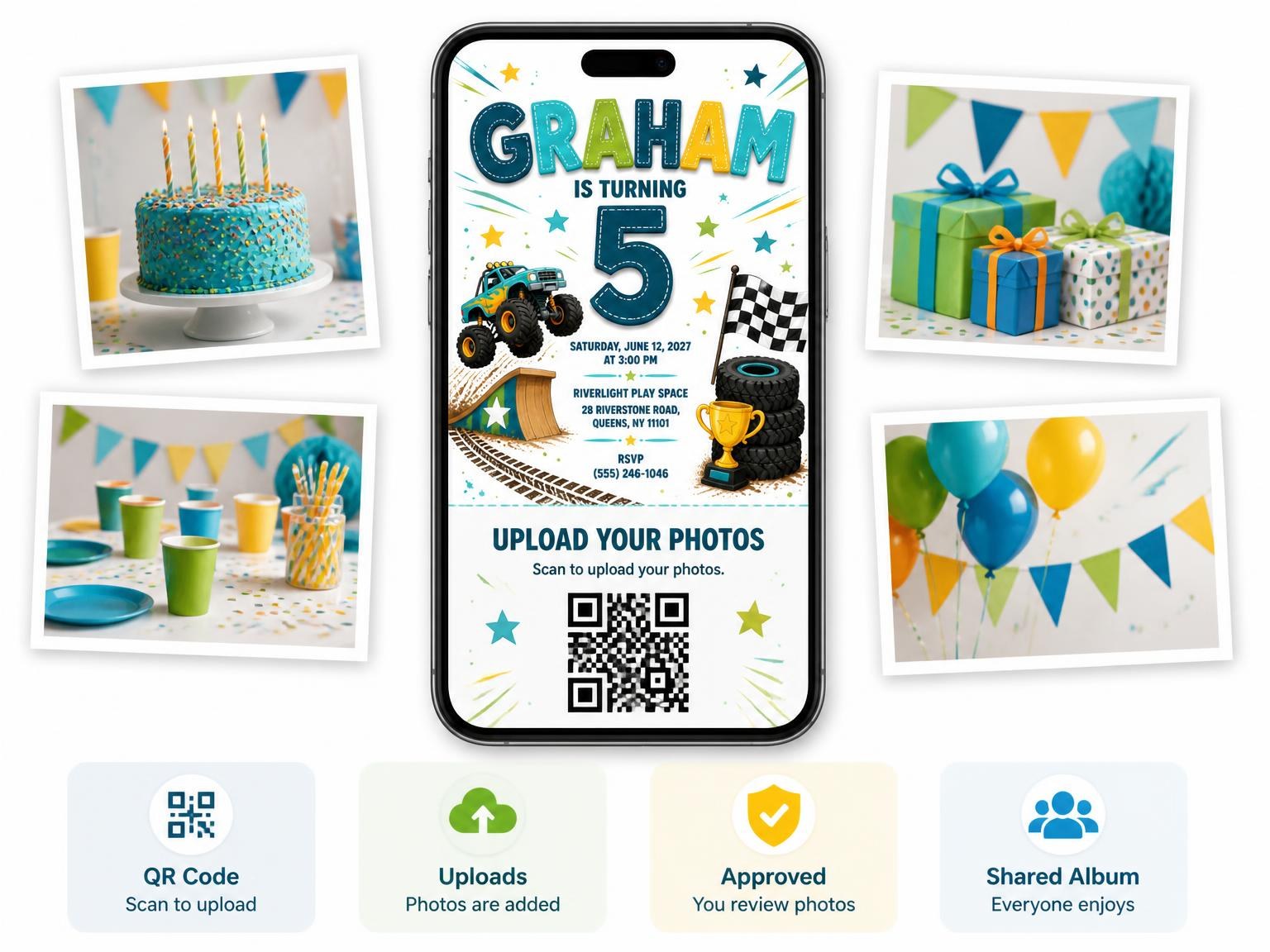 The shared photo gallery that comes with the Racing Flag Stitched 5th Birthday Invitation invitation