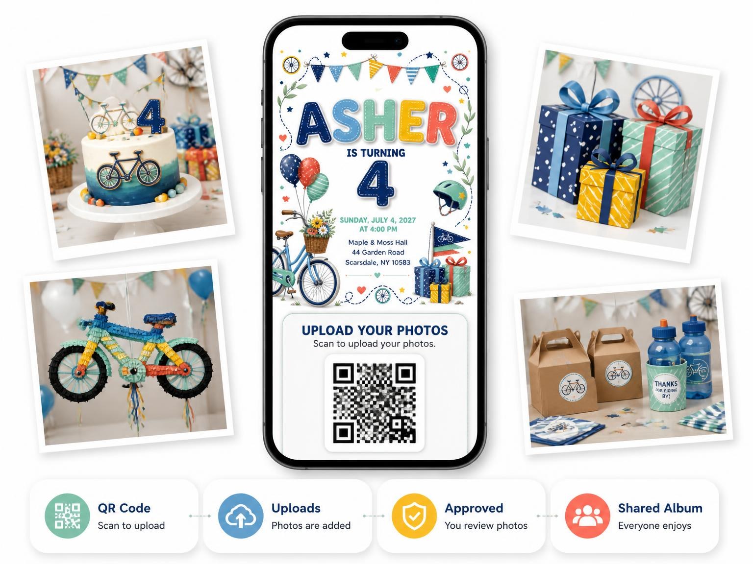 The shared photo gallery that comes with the Stitched Bike Ride 4th Birthday Invitation invitation