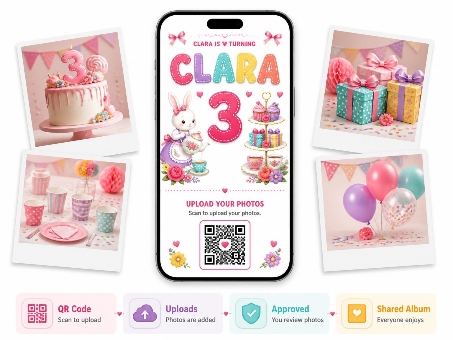 The shared photo gallery that comes with the Stitched Bunny Tea Party 3rd Birthday Invitation invitation