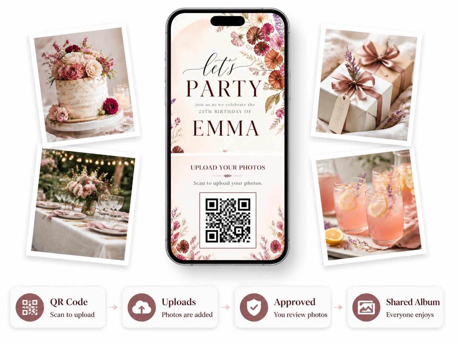 The shared photo gallery that comes with the Floral Sprays Autumn 25th Birthday Invitation invitation
