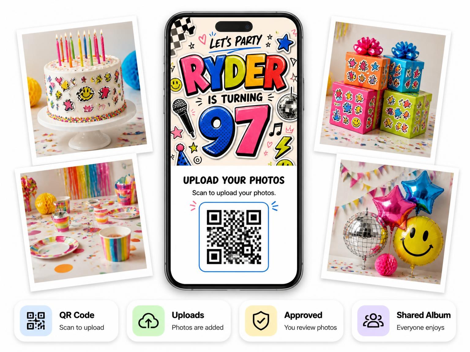The shared photo gallery that comes with the Sticker Pop 97th Birthday Invitation invitation