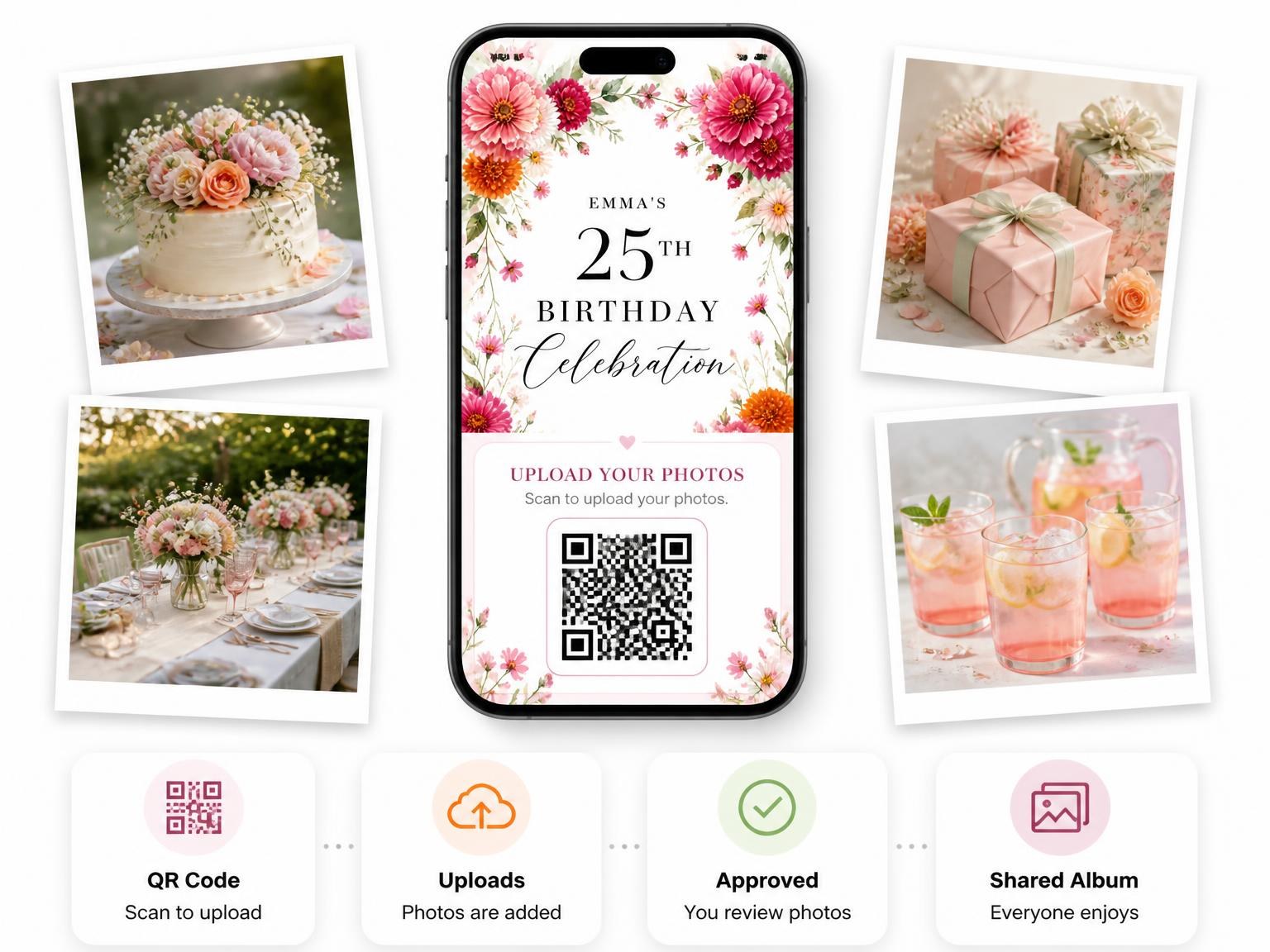 The shared photo gallery that comes with the Fuchsia Field Flowers 25th Birthday Invitation invitation