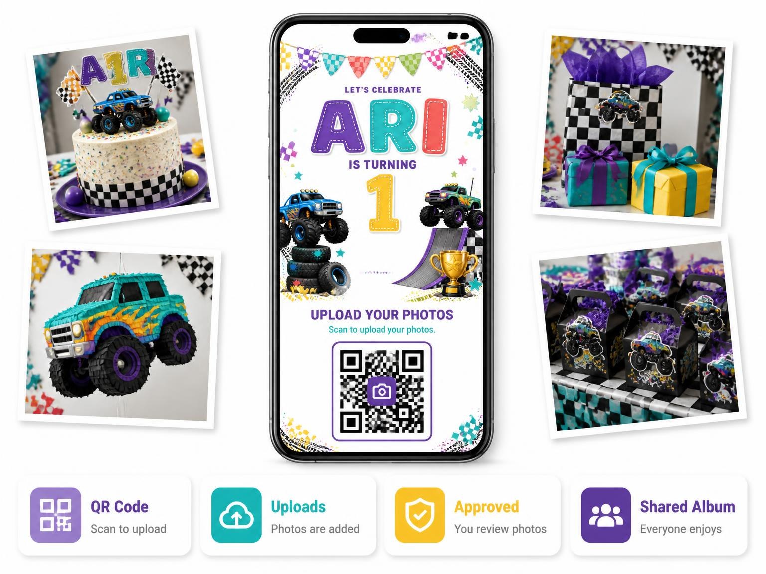The shared photo gallery that comes with the Stitched Monster Truck 1st Birthday Invitation invitation