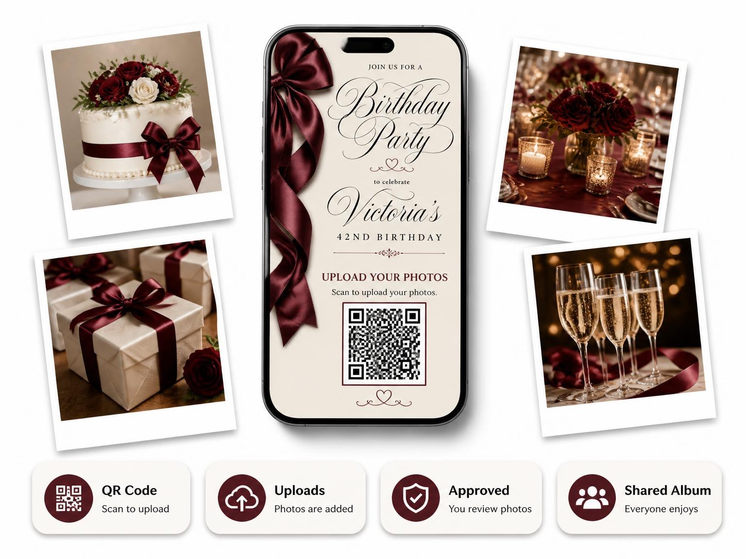 The shared photo gallery that comes with the Burgundy Satin Bow 42nd Birthday Invitation invitation
