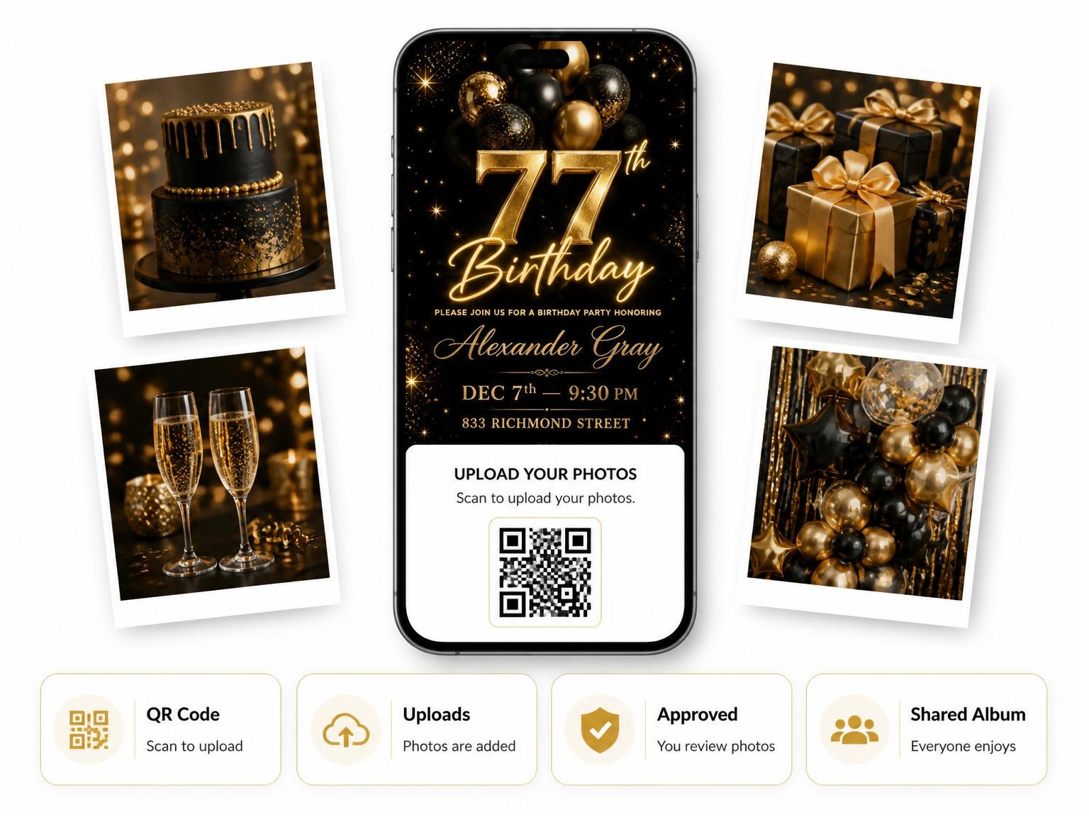 The shared photo gallery that comes with the Black and Gold Balloon 77th Birthday invitation
