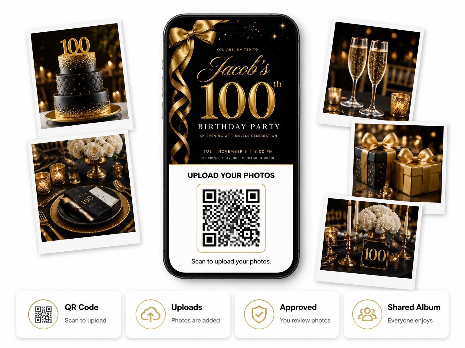 The shared photo gallery that comes with the Black and Gold Ribbon 100th Birthday invitation
