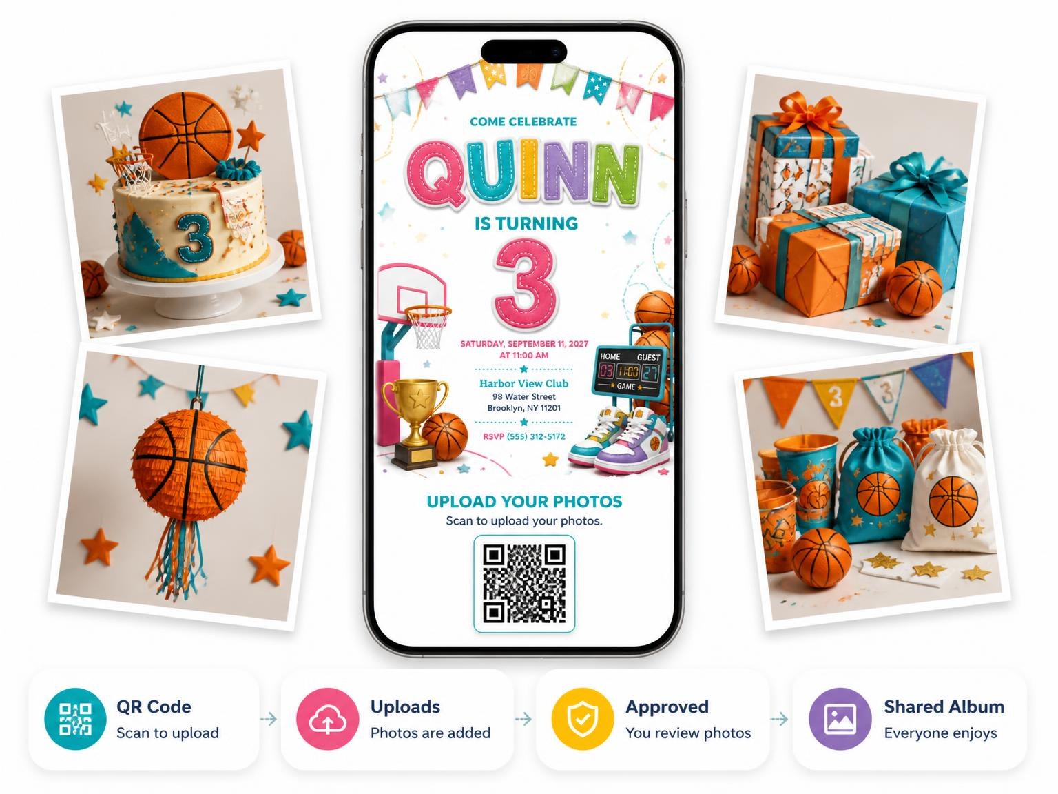 The shared photo gallery that comes with the Stitched Basketball 3rd Birthday Invitation invitation