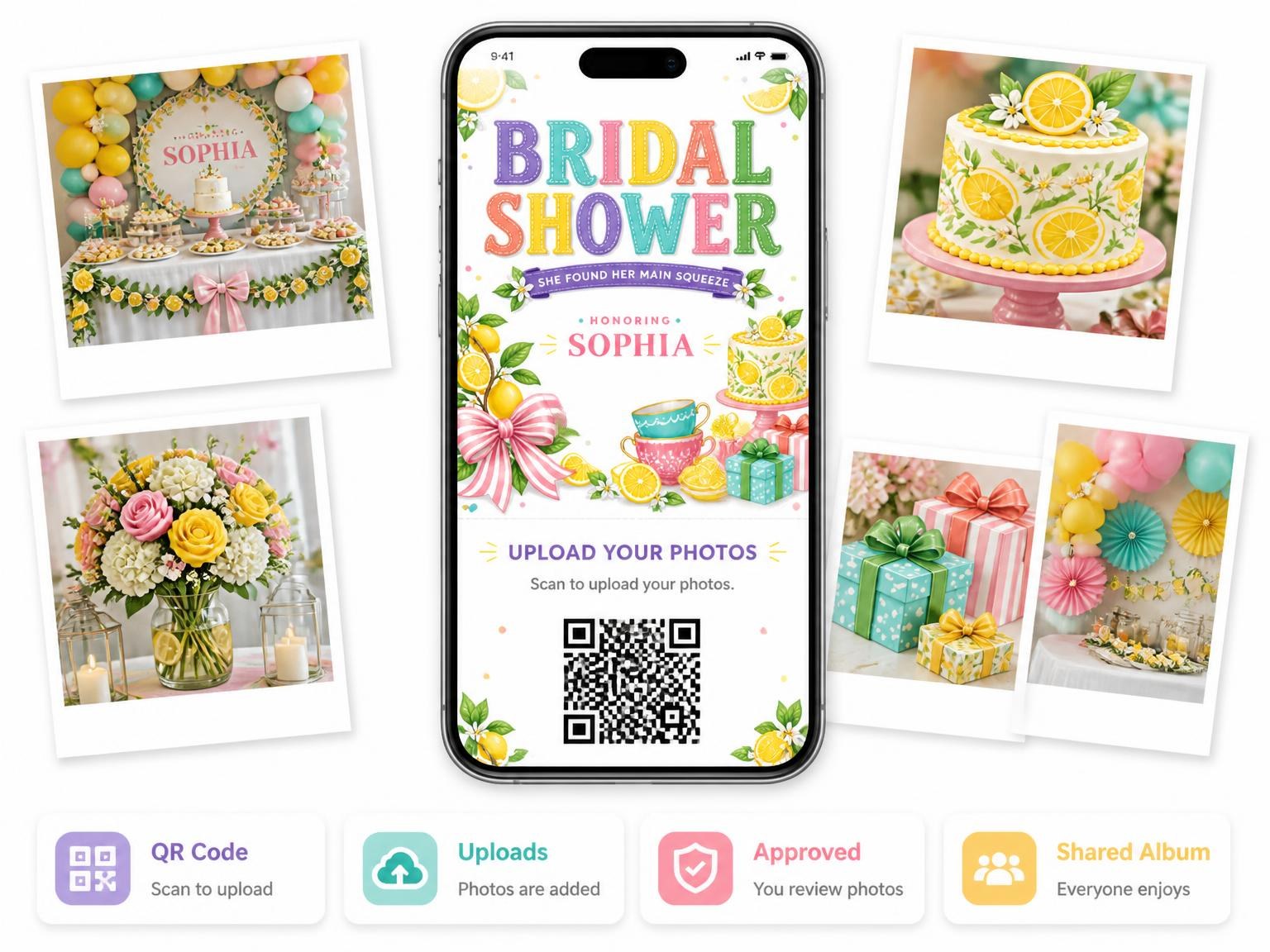 The shared photo gallery that comes with the Lemon Blossom Bridal Shower Invitation invitation