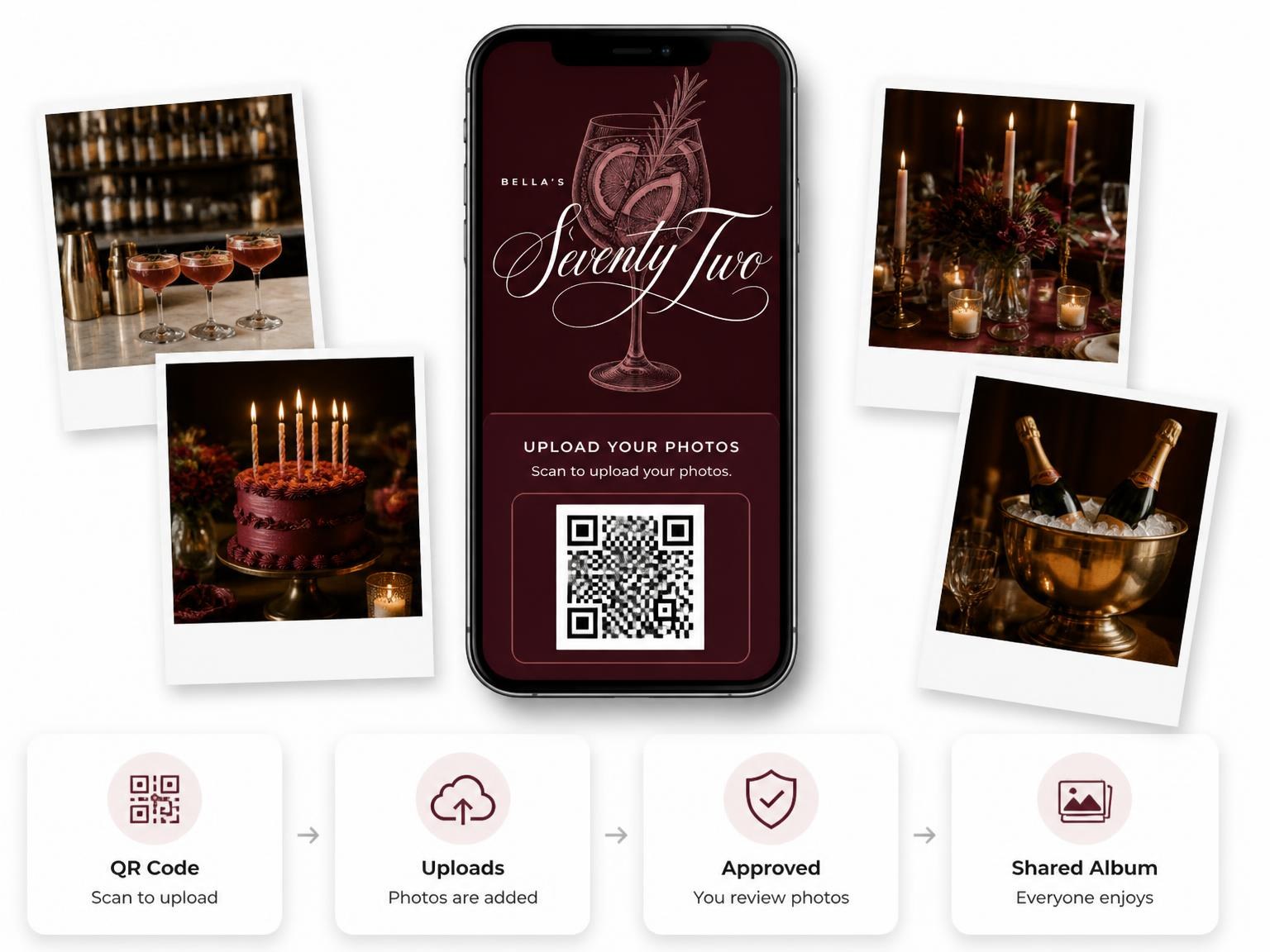 The shared photo gallery that comes with the Burgundy Cocktail 72nd Birthday Invitation invitation