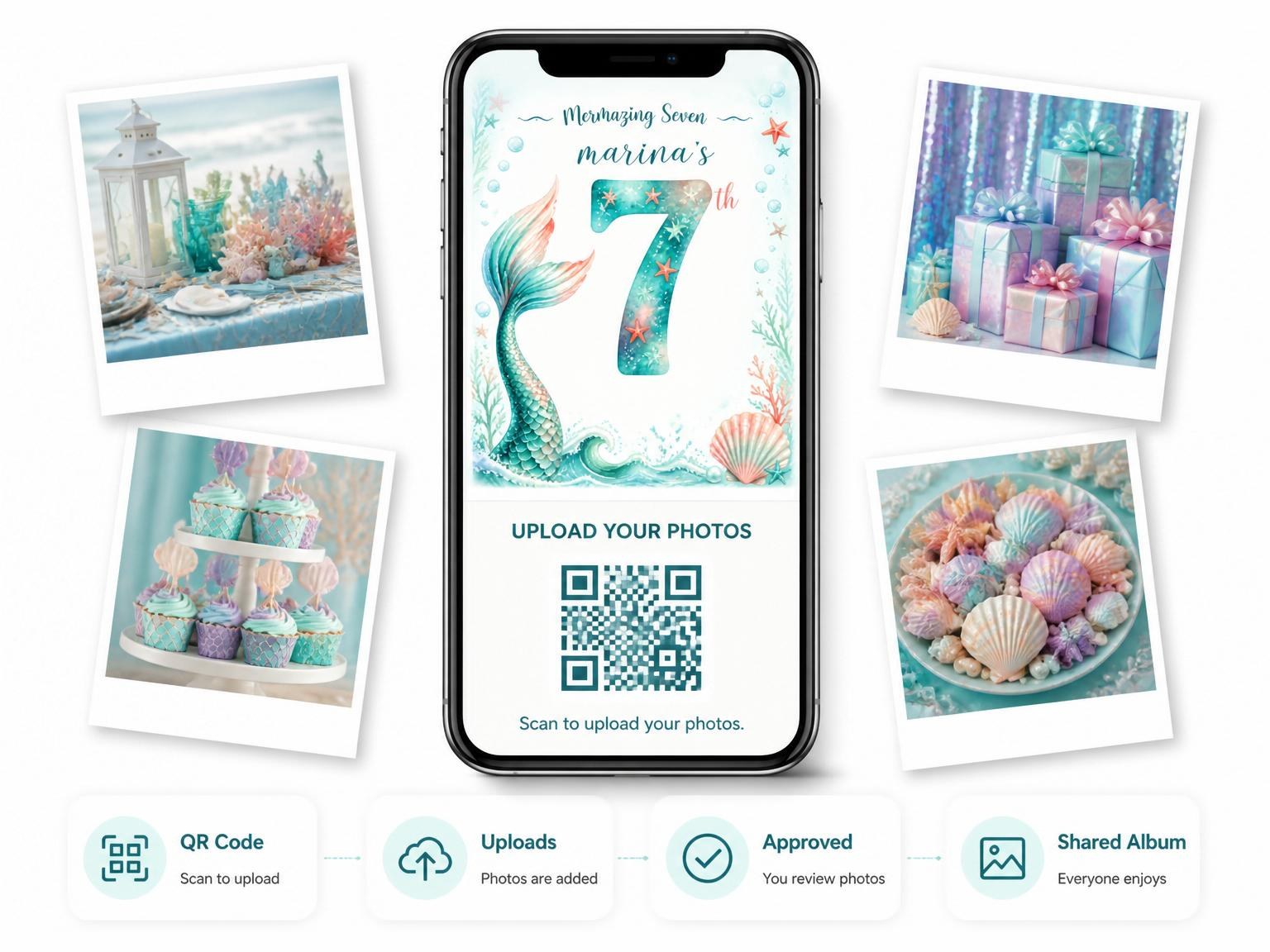 The shared photo gallery that comes with the Teal and Coral Mermaid 7th Birthday invitation