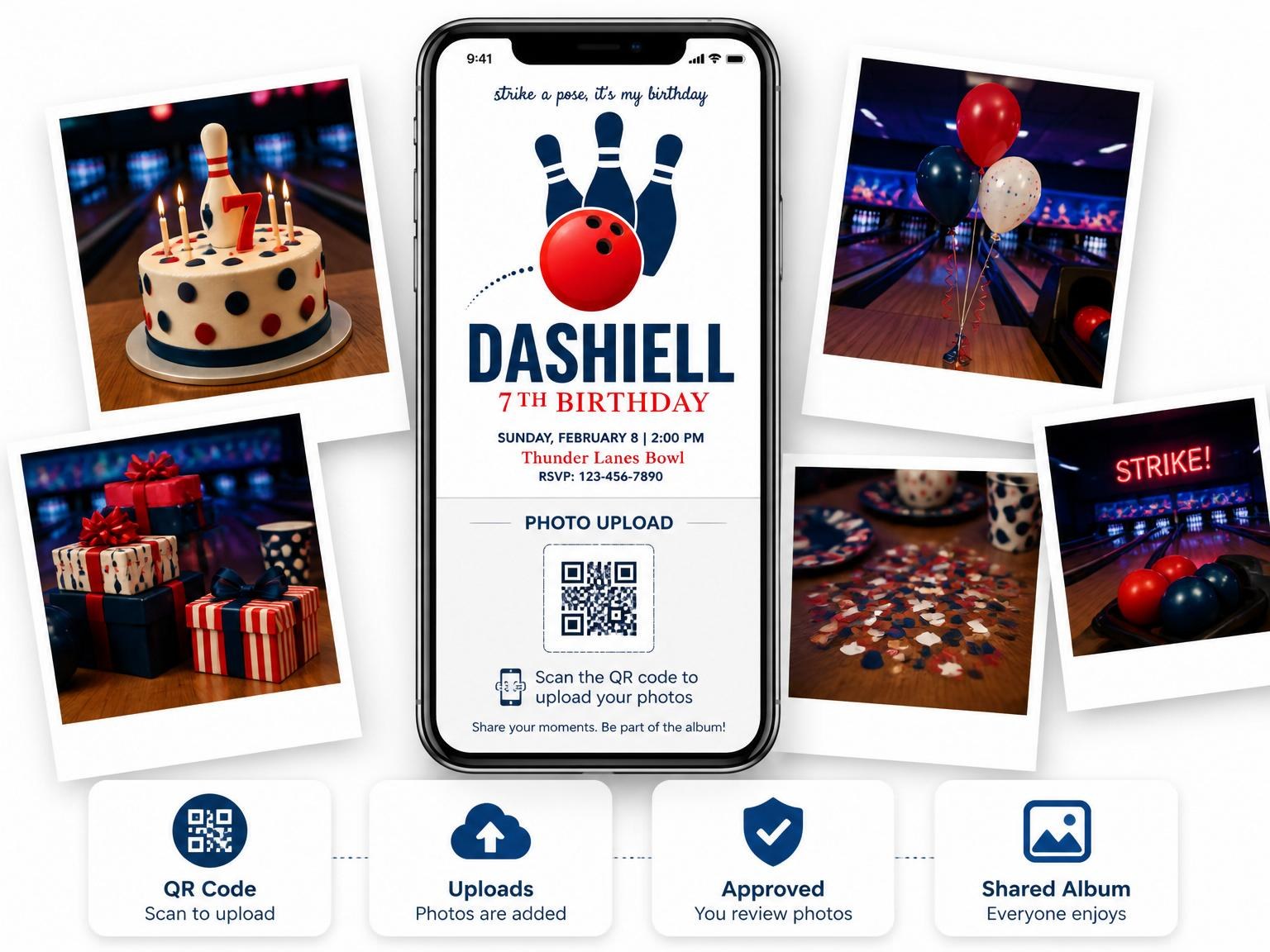 The shared photo gallery that comes with the Red and Navy Bowling 7th Birthday invitation